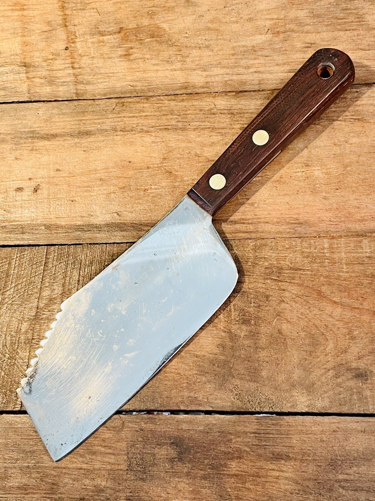 Vintage Stanhome Carbon Steel Butcher Cleaver Knife W/Bone Saw Wood Handle Waxed