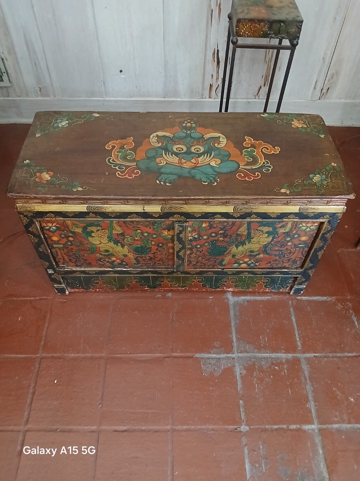Antique Tibetan Monk Prayer Table Alter Table with Kyung-bur 3D relief work
