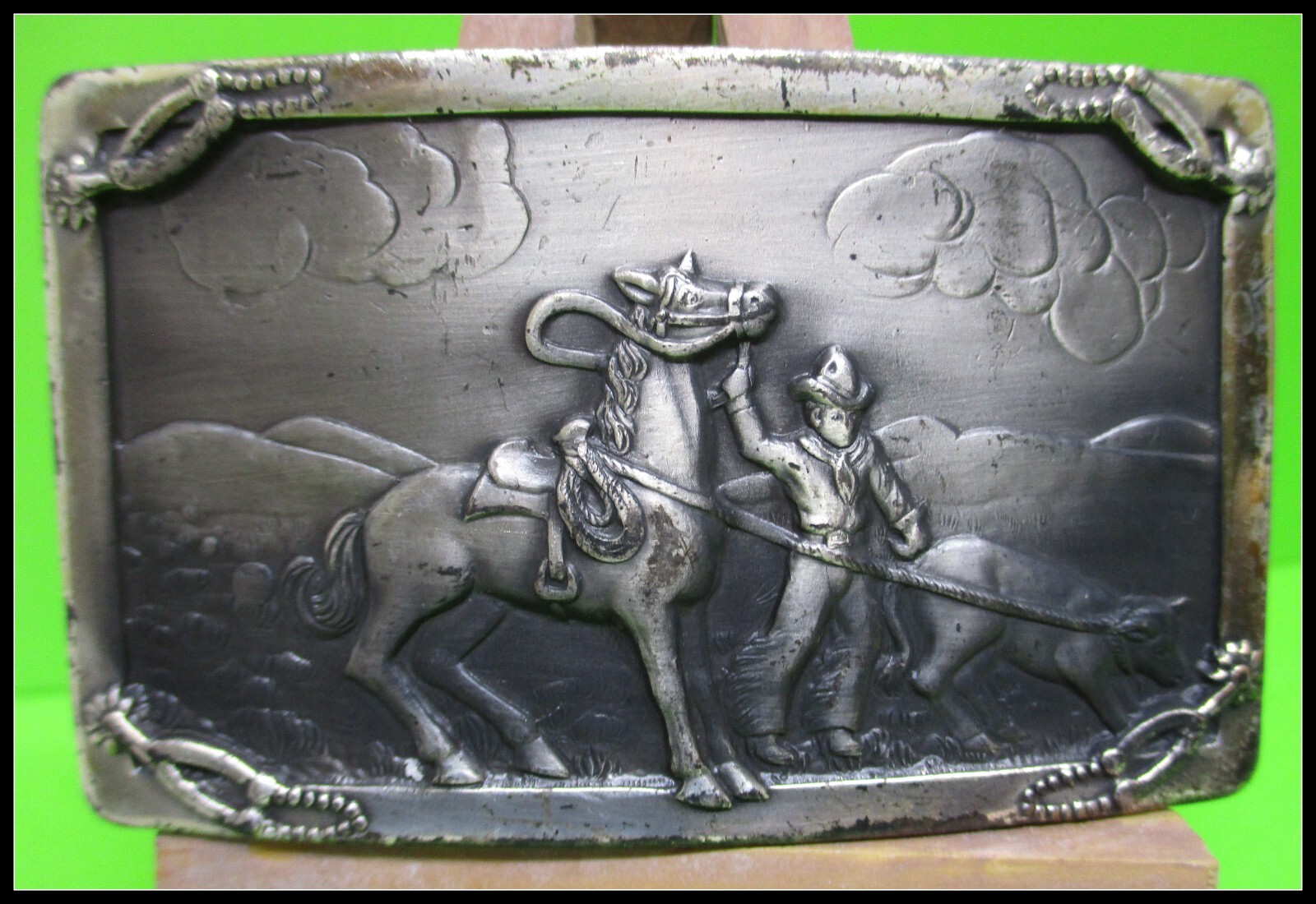 1940's Rare Near PRISTINE Cowboy Old Style Back Belt Buckle Horse with Cowboy
