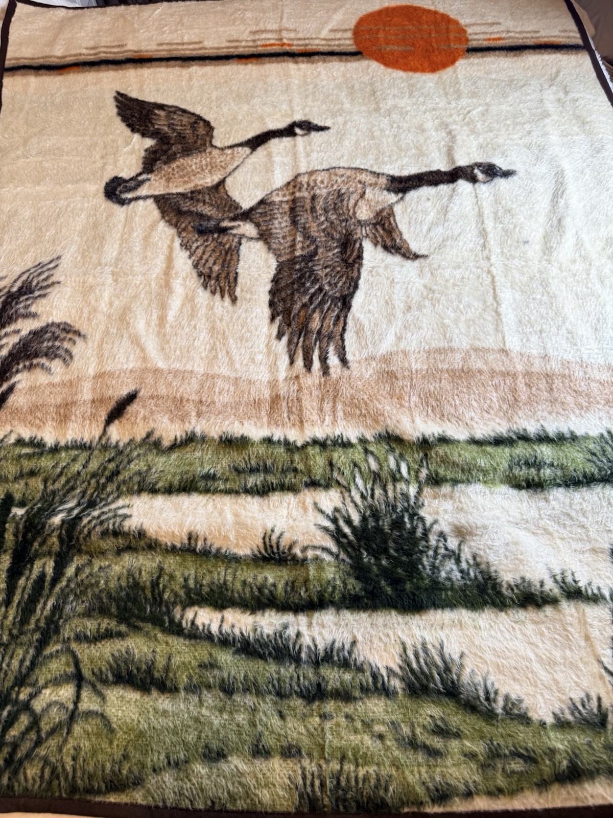 Vintage Biederlack Throw Blanket Reversible Ducks Geese Sunset Camp Retro 72x56