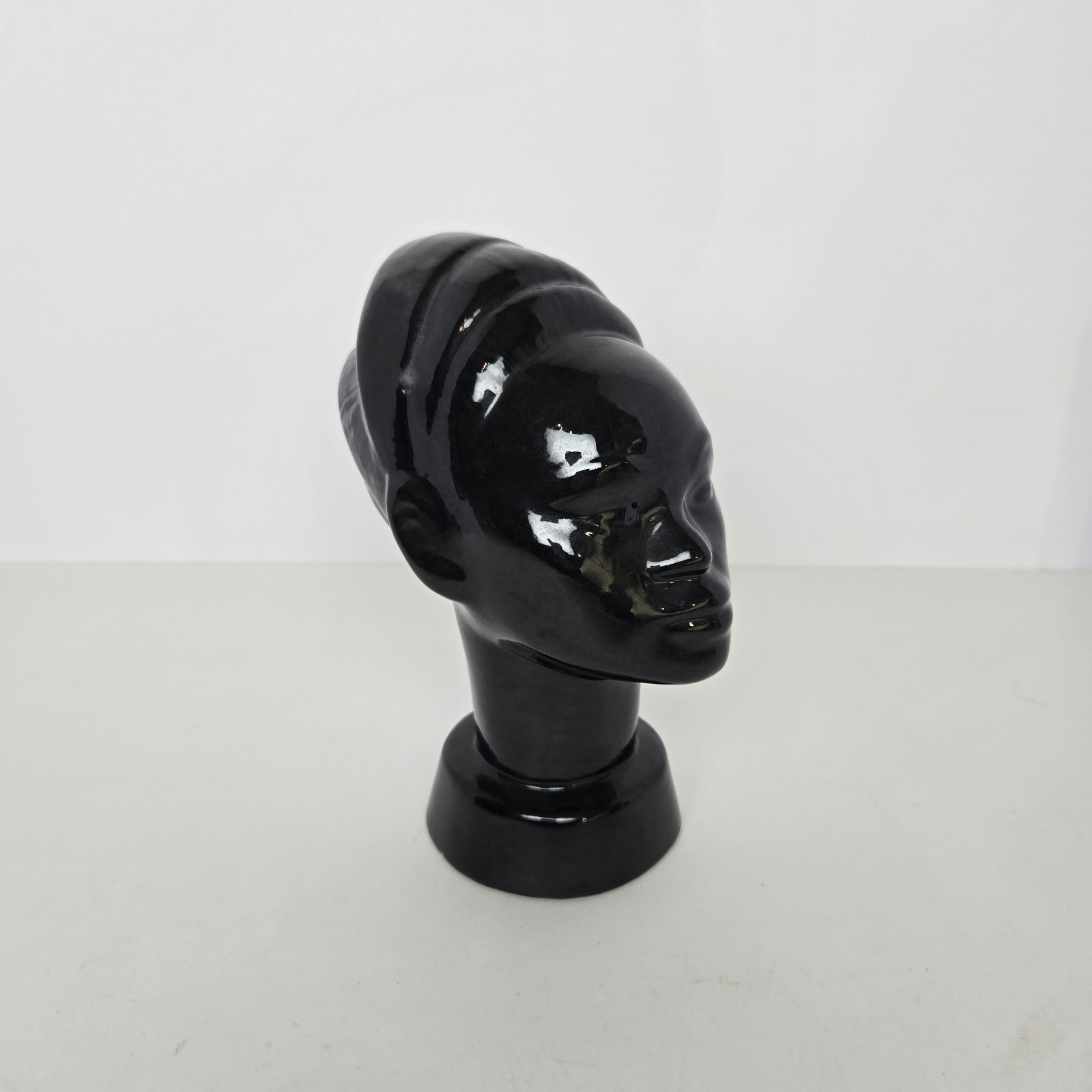Vintage 1996 Signed JM Black Glazed Ceramic African Female Bust Sculpture...
