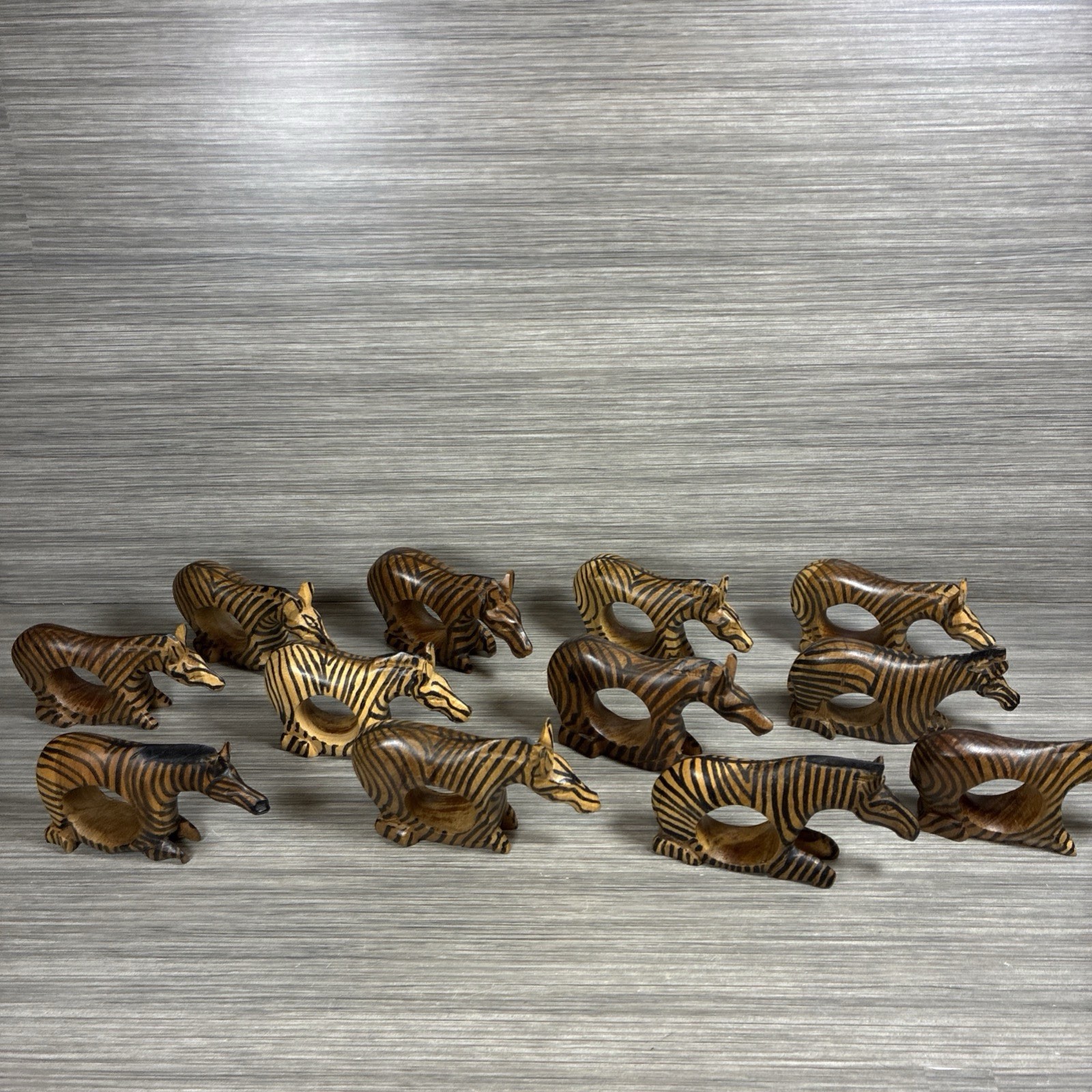 Vintage Hand Carved Kenyan Wood Zebra Napkin Rings SAFARI SET of 12 Ex-Curator