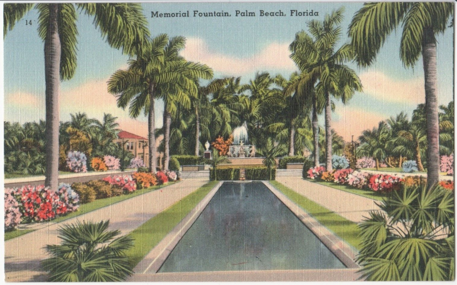 Vintage Memorial Fountain Palm Beach Florida Unposted Linen Postcard