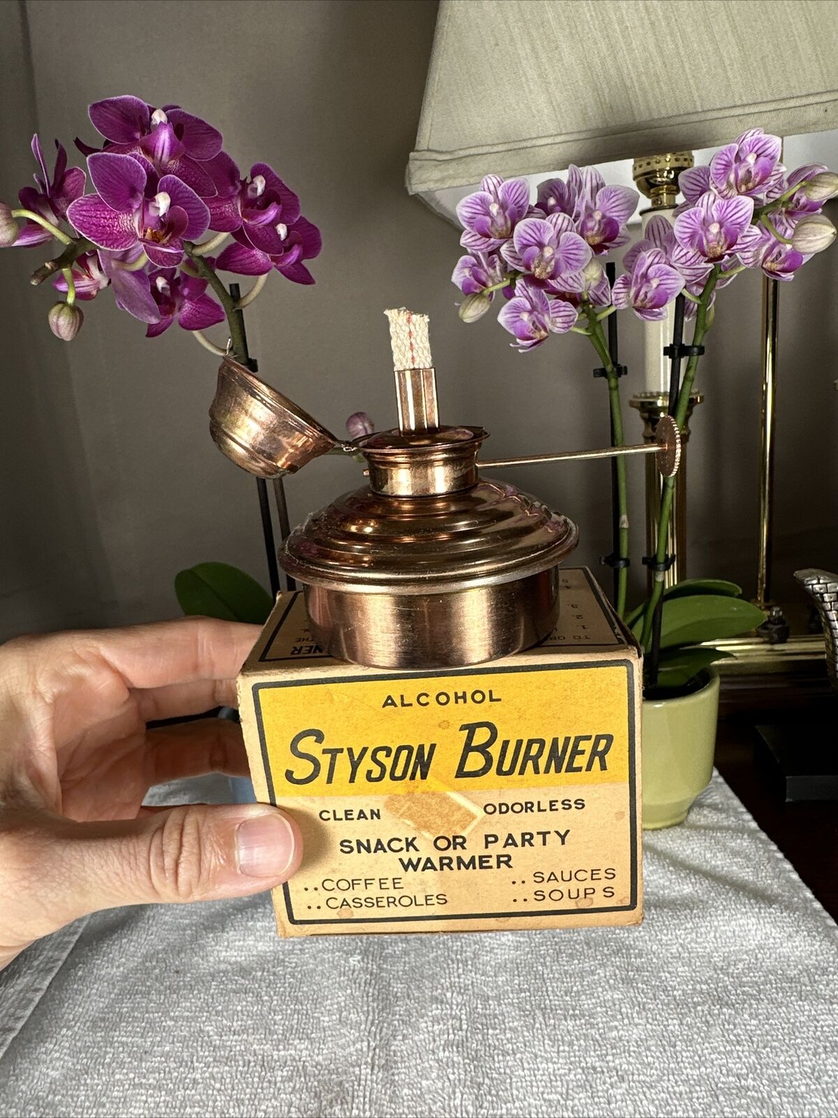 Vintage Small Styson Oil Burner Warming Oil Lamp Steel Heater NEW+ Box RARE Mint