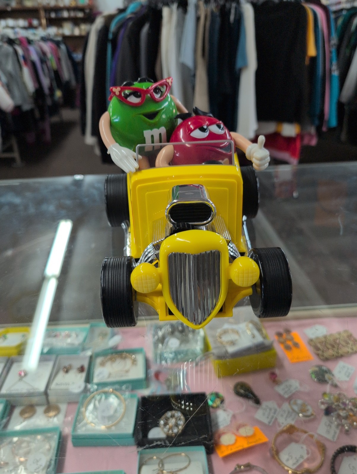 M&Ms Yellow Hot Rod Roadster Candy Dispenser M&M Car Red Green M&M