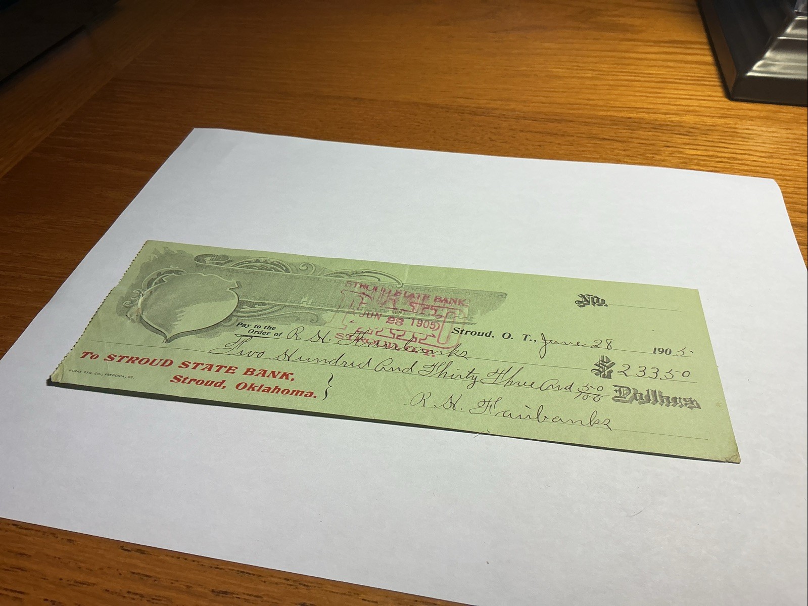 1905 Stroud Oklahoma Territory Bank Check 1905 Stroud Oklahoma Territory Bank Check