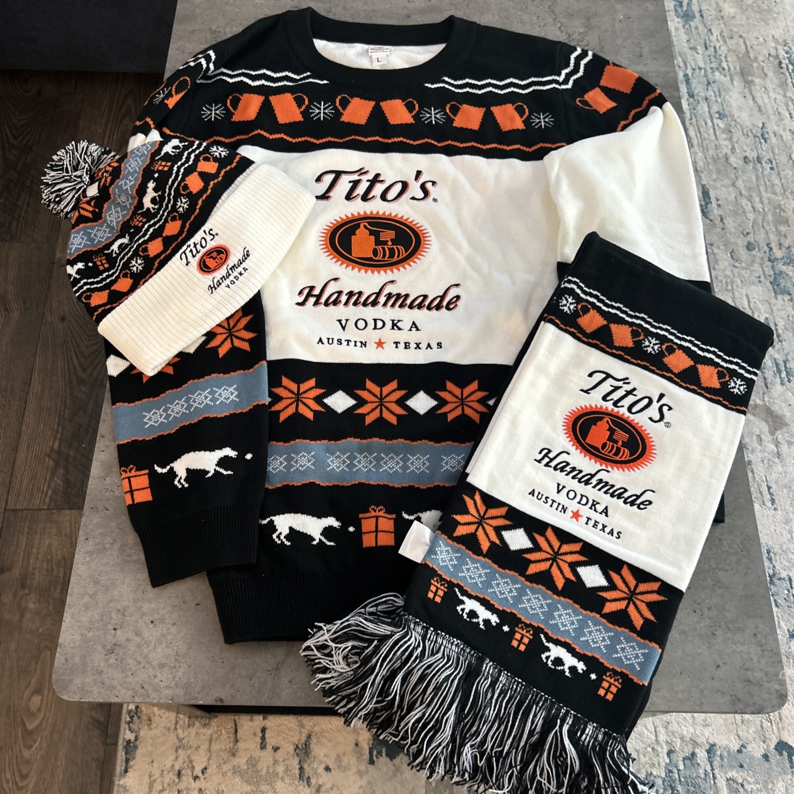 Titos Handmade Vodka Ugly Sweater - Mens large, Frige Scarf & Beanie torque hat