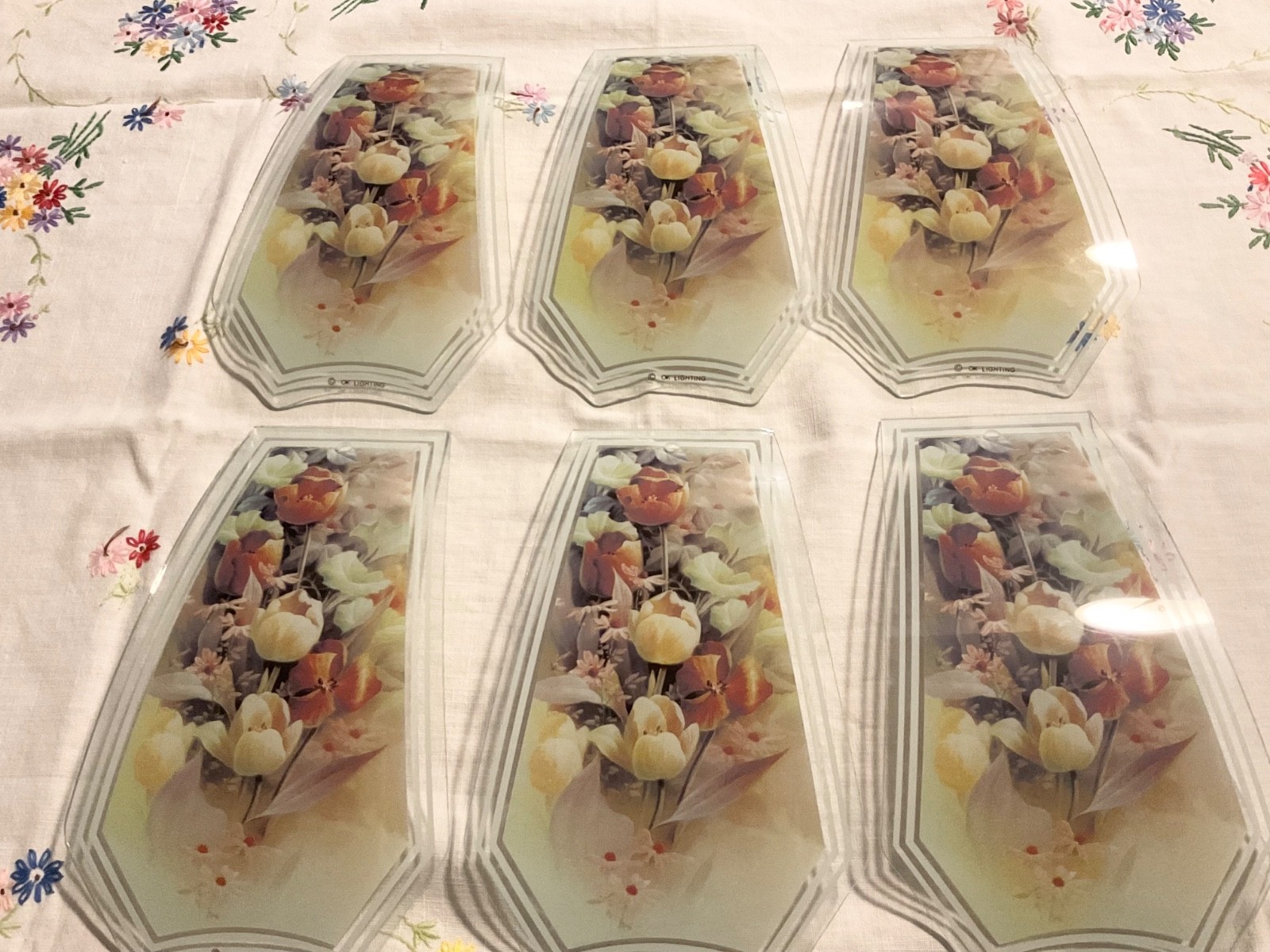 Vintage OK Lighting Touch Lamp Replacement Glass Panels Floral Shades Set of 6