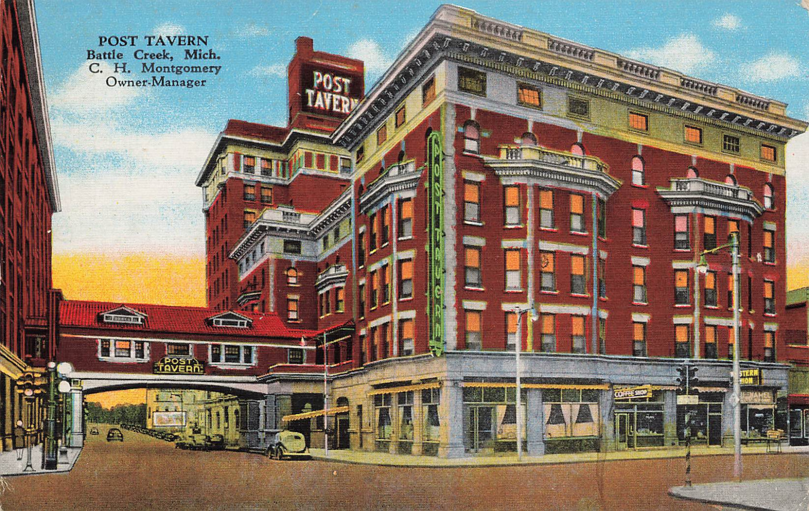 POST TAVERN HOTEL BUILDING POSTCARD BATTLE CREEK MI MICHIGAN 1930s