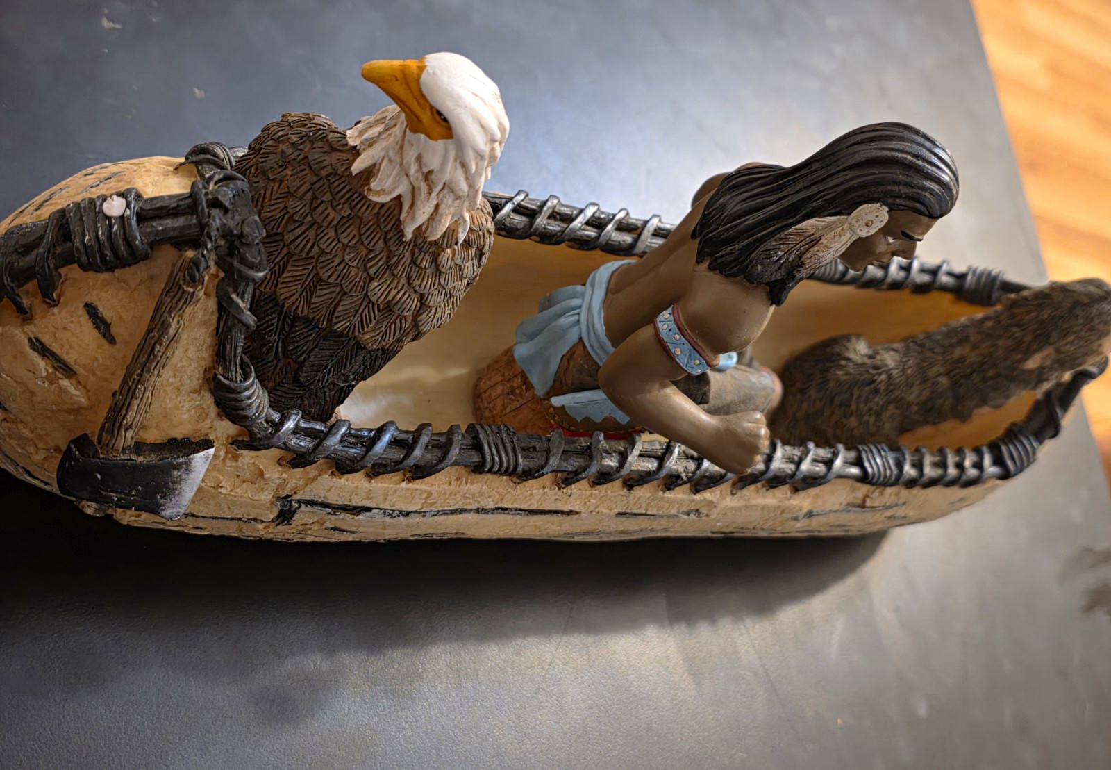 Native American Resin Canoe Figurine w/ Eagle & Bear, Brown Black White, 3D