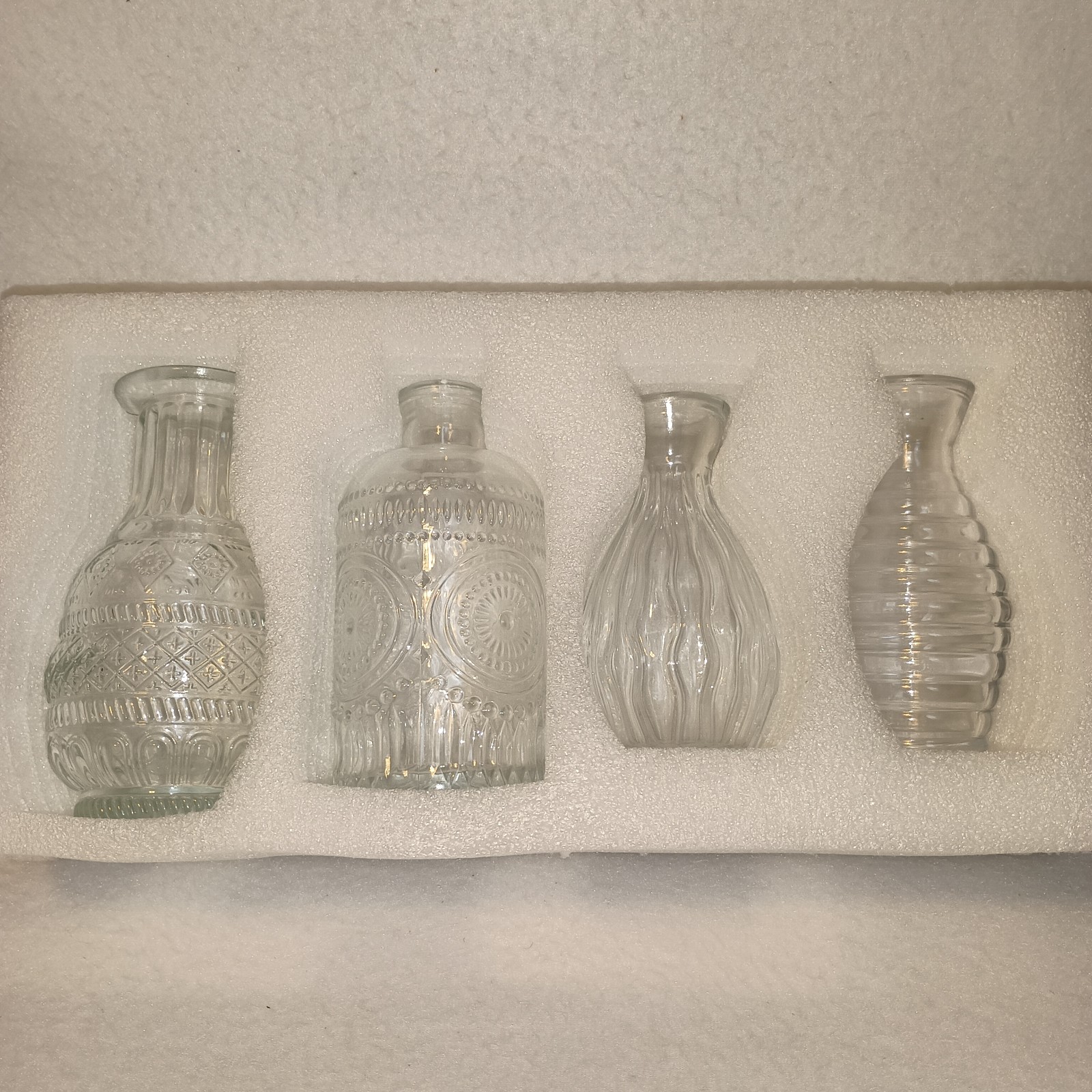 Set of 4 Clear Glass Bud Vases Embossed Vintage Style Wedding Flower Decor