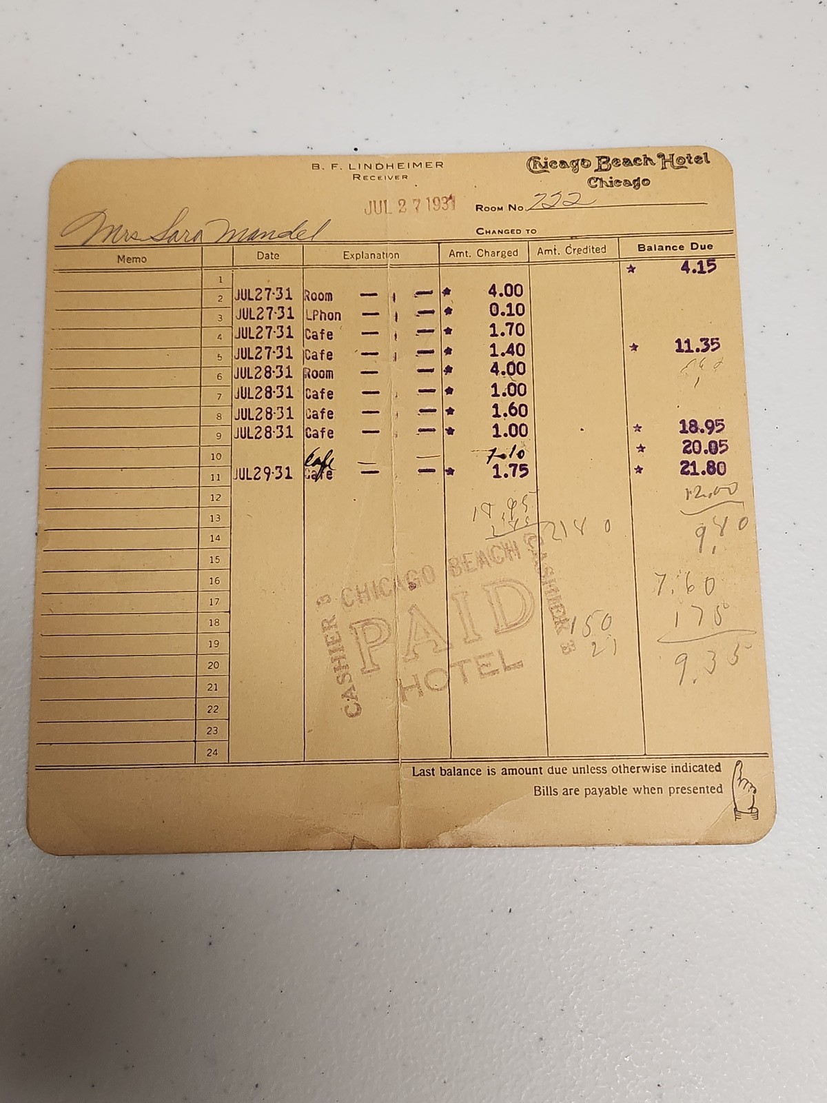 1931 Chicago Beach Hotel Bill Receipt - Mrs. Sam Mandel - Historical Memorabilia