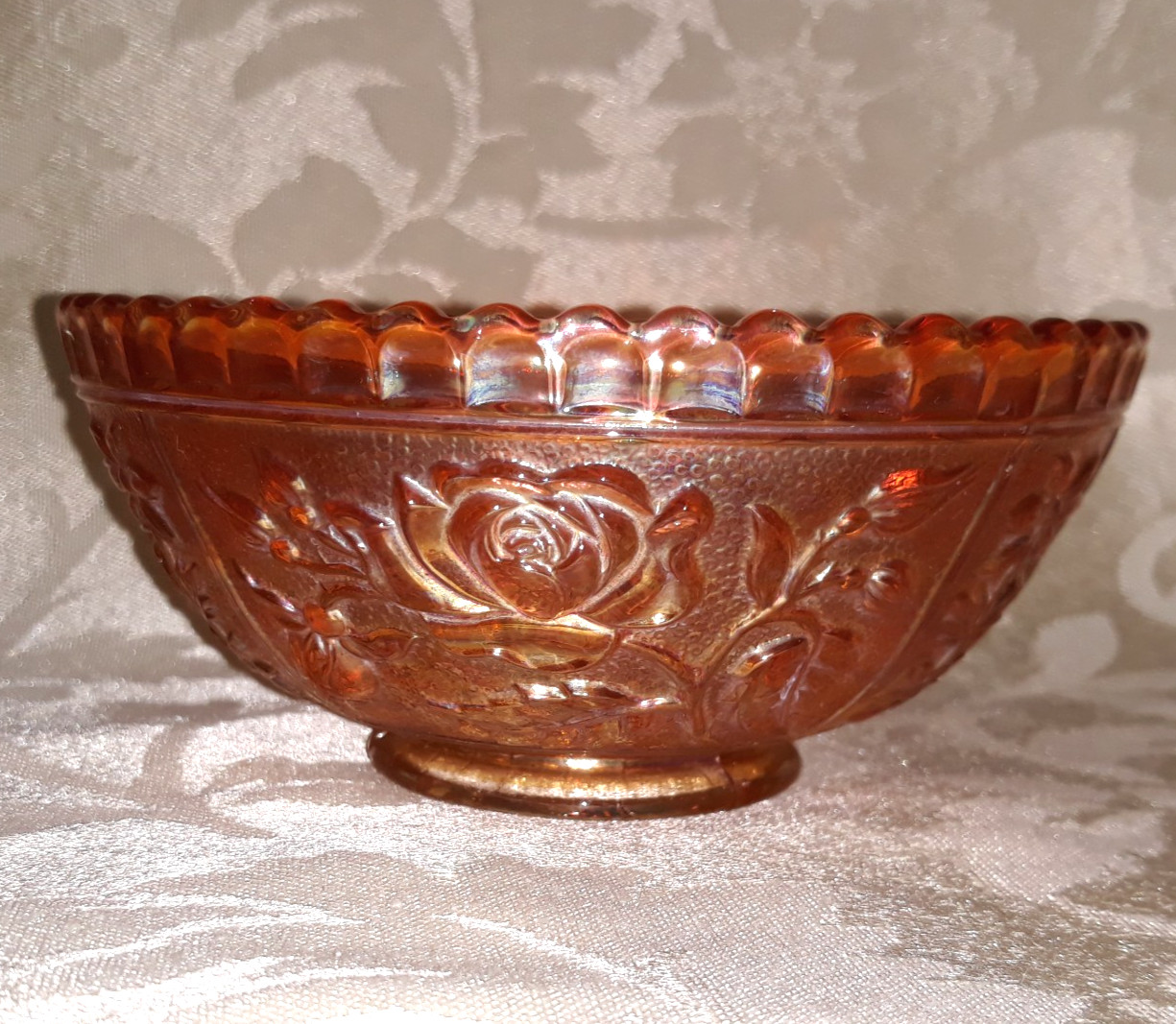 Beautiful Vintage Iridescent Marigold Carnival Glass Bowl Embossed Rose Pattern