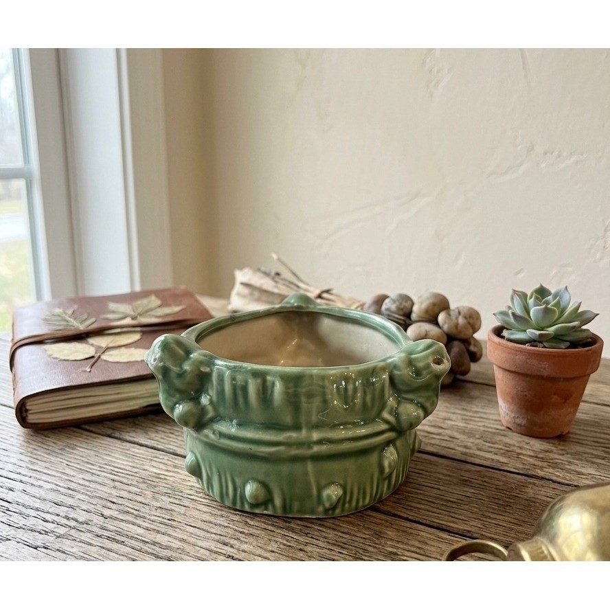 Vintage Green Glazed Ceramic Frog Planter Figural Succulent Pot 3 Inch