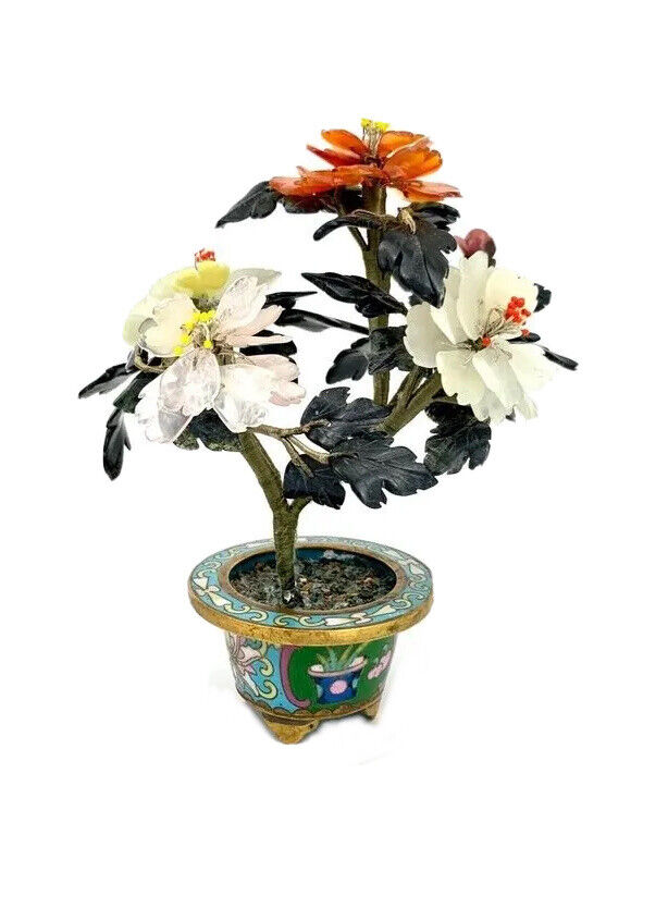 Bonsai Tree Gem Stone in Cloisonné Vessel Vintage Oriental Collectibles Decor