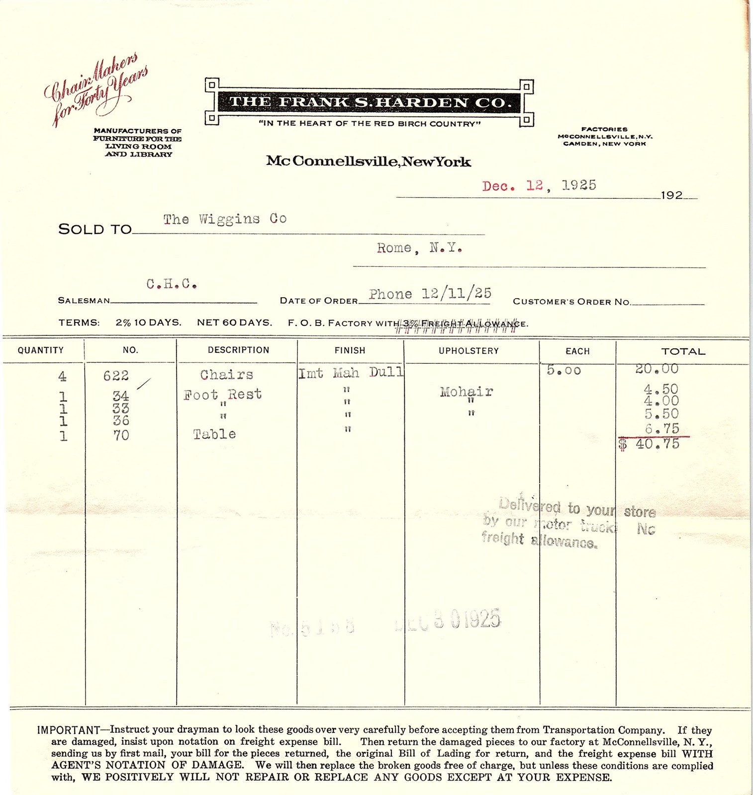 1925 Frank S. Harden Co. Furniture Chair Makers Billhead