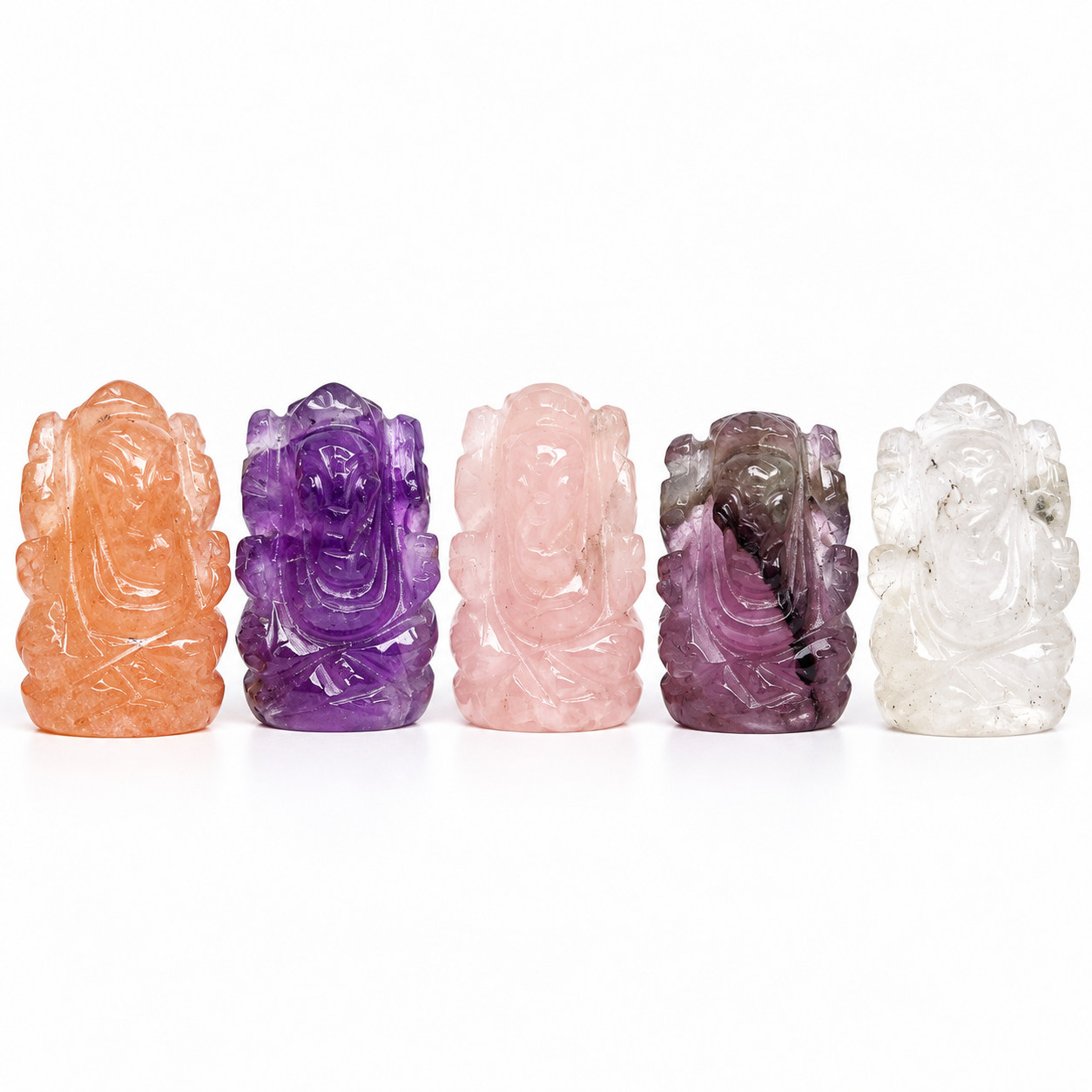 5x Natural Gemstone Lord Ganesha Carving Set 5 Pcs 33mm Crystal Ganesh Idol