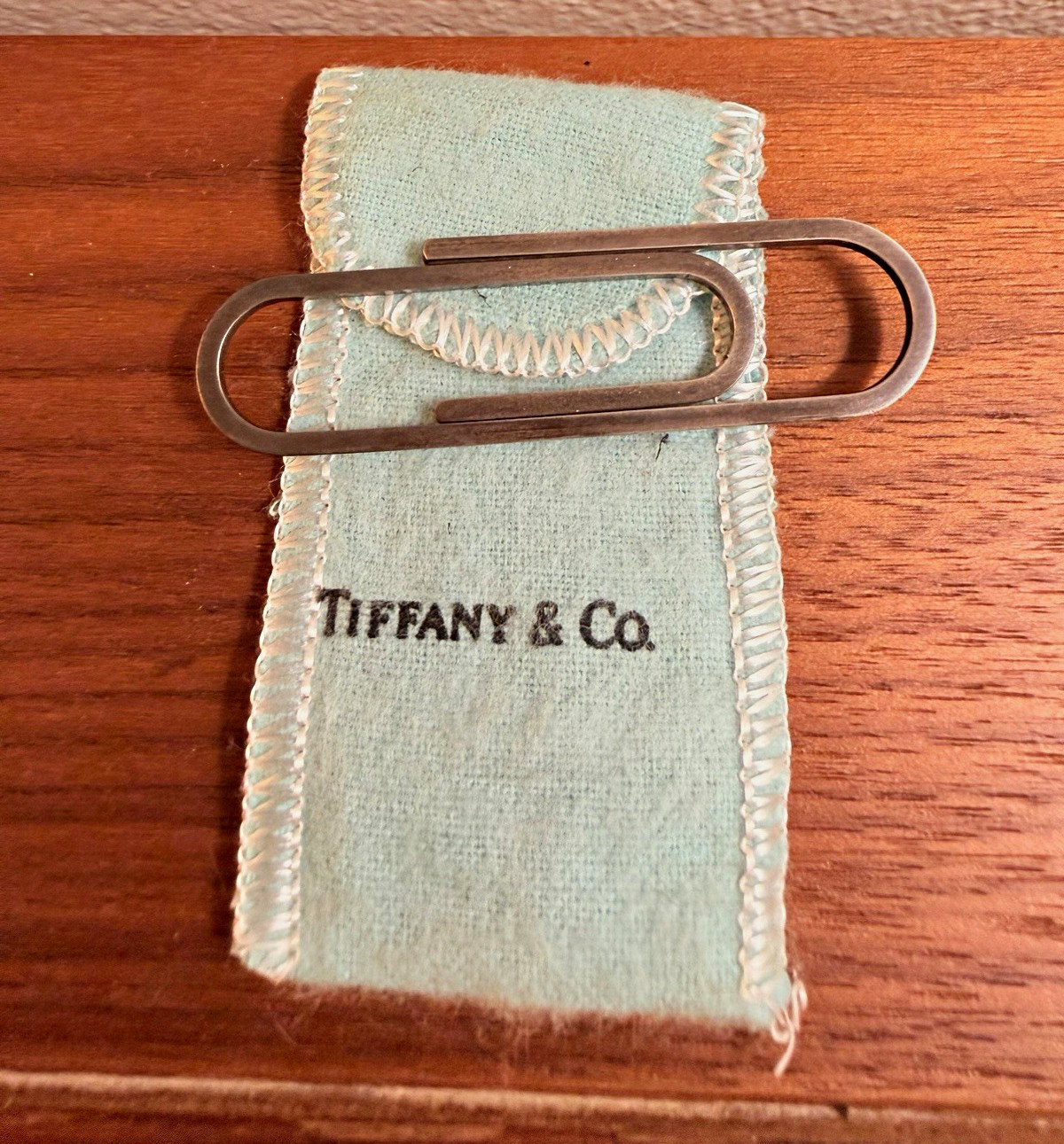 Vintage Tiffany & Co. 2.5” Sterling Silver Paper Clip Money Clip Patina w/ Pouch