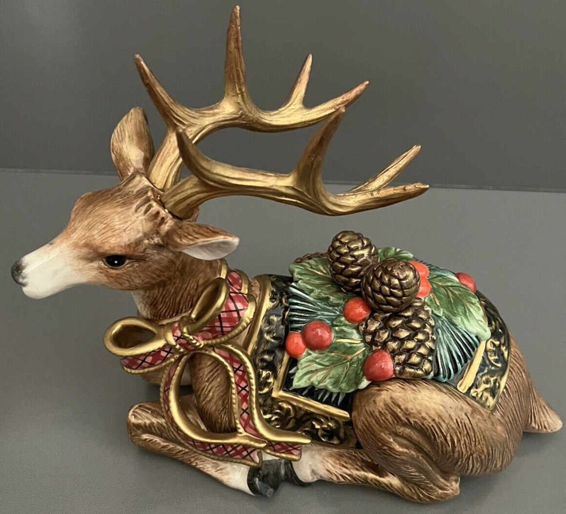 Fitz & Floyd Classics Holiday Pine Deer Reindeer Cookie Jar Candy Dish Bow RARE