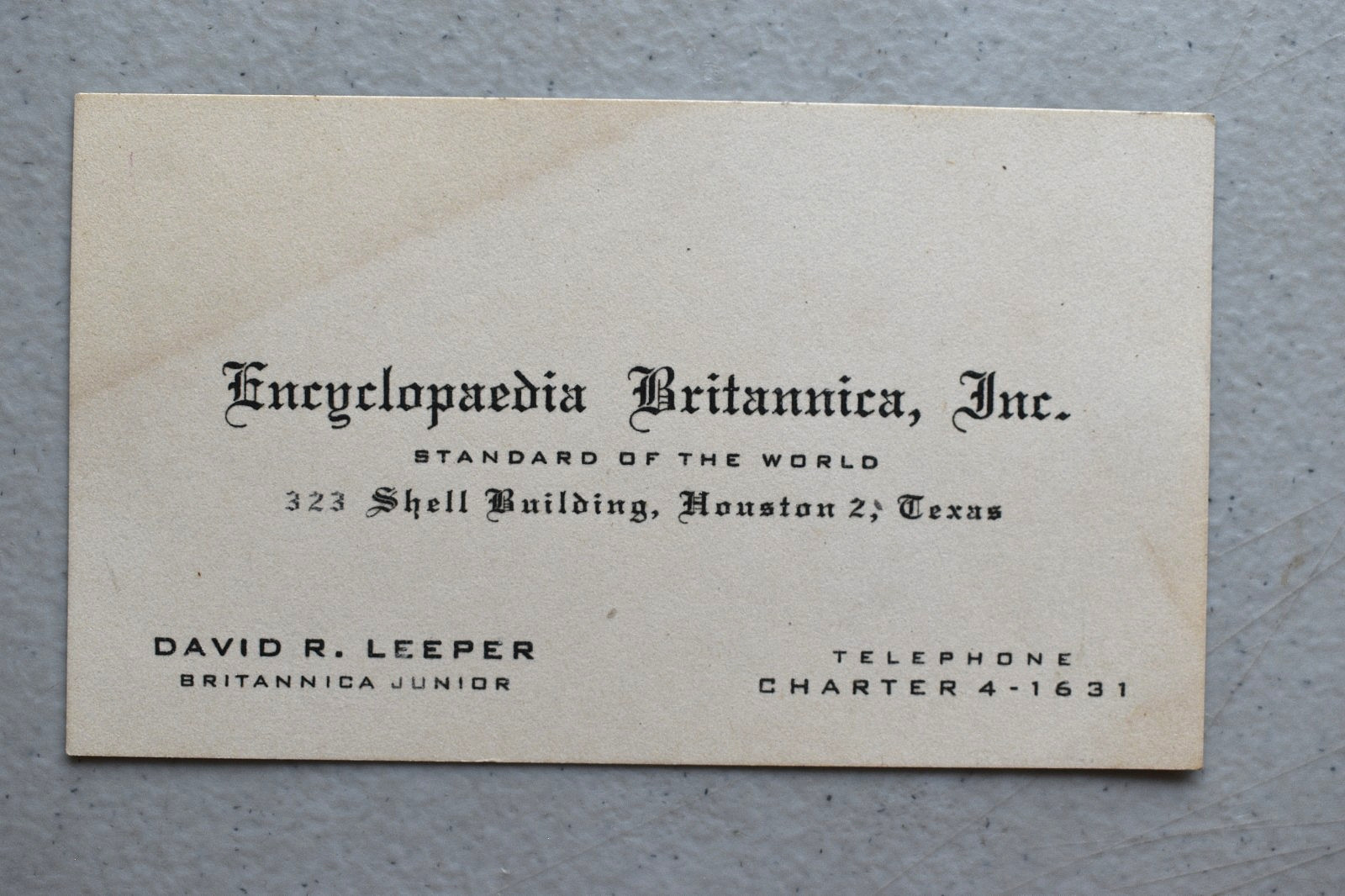 Encyclopaedia Britannica David Leeper 1950s Trade Business Card Houston Texas