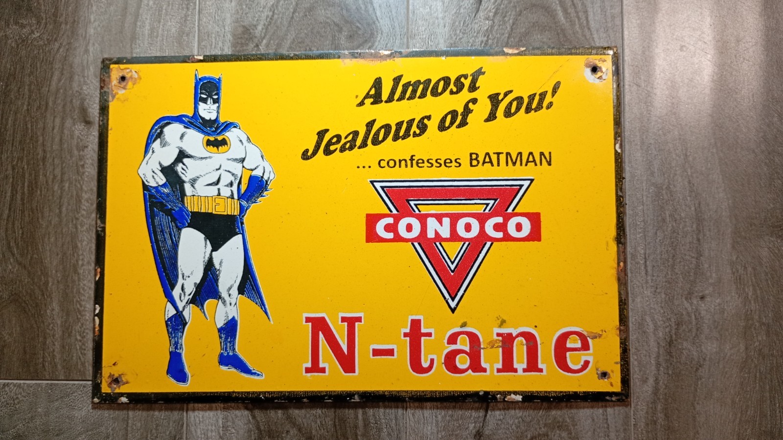 Vintage CONOCO BATMAN N-tane Porcelain Enamel Sign 12\ Vintage CONOCO BATMAN N-tane Porcelain Enamel Sign 12\