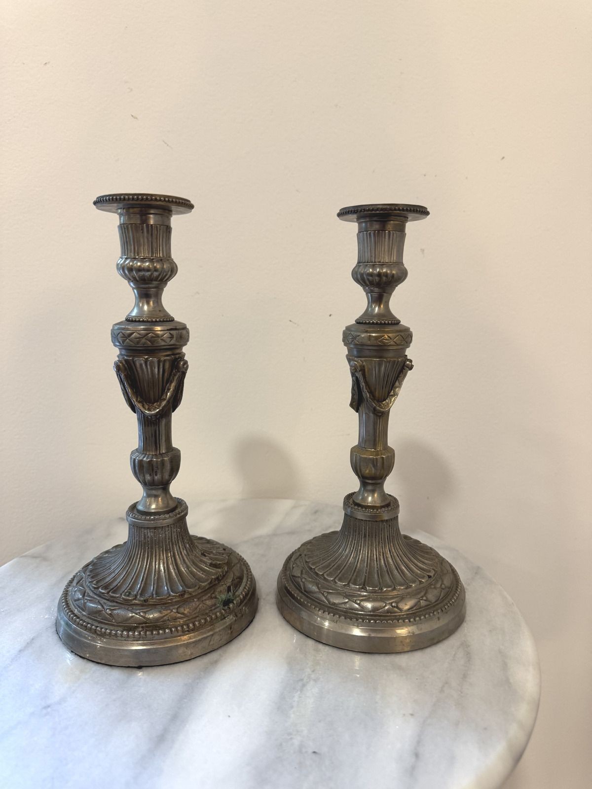 Antique Pair of Silvered Bronze French Candlestick Holders 9-7/8” Tall