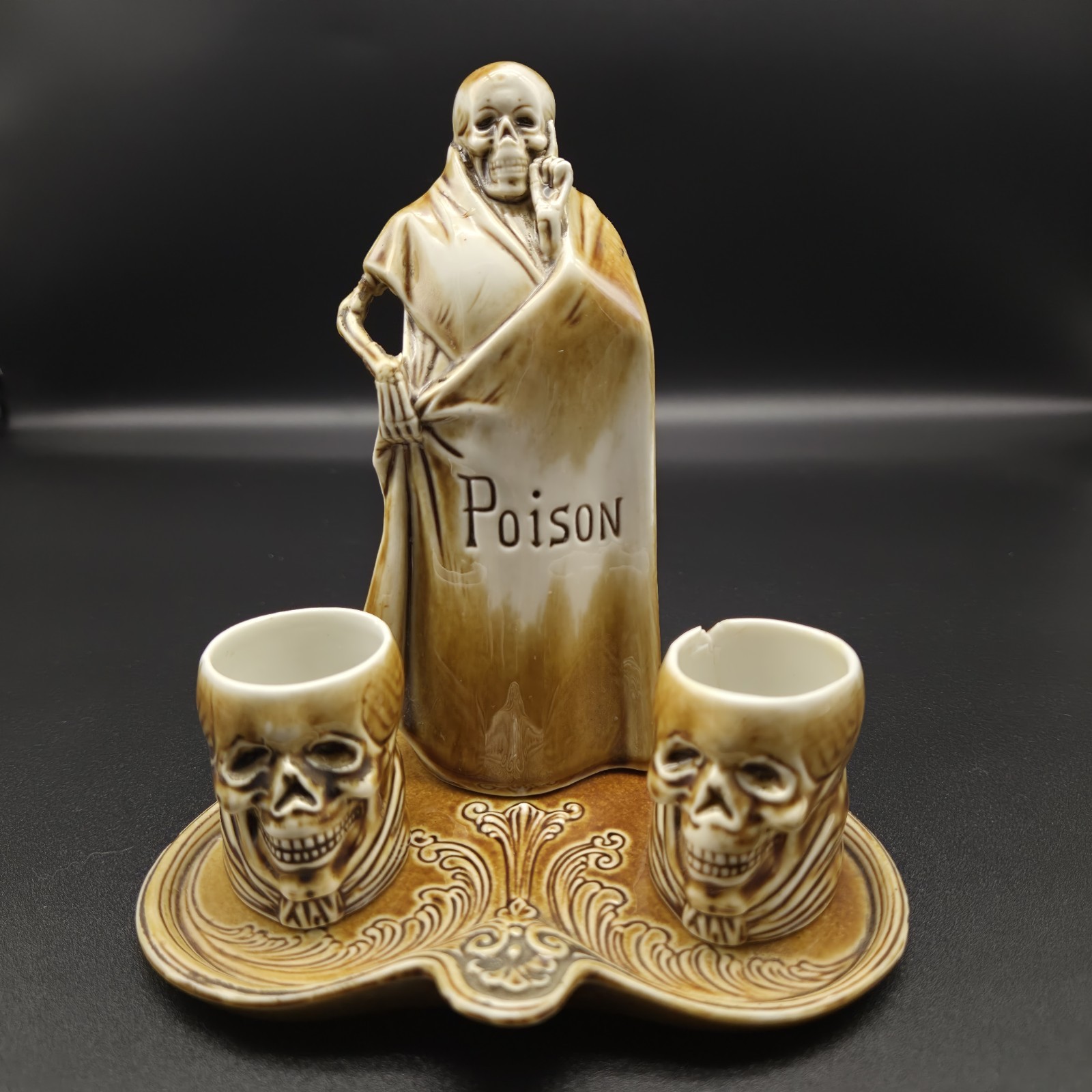 RARE Schafer Vater Grim Reaper Skeleton Decanter Shot Glass Skulls POISON