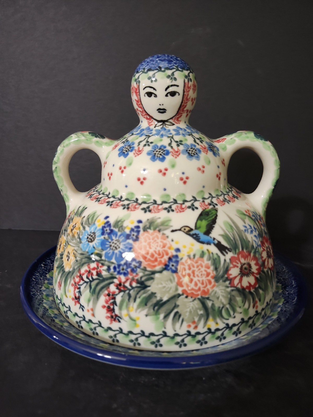Polish Pottery Butter/ Cheese Lady Dome Keeper 2pcs  Unikat T. Liana With Birds&