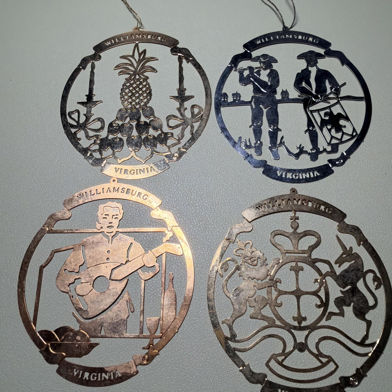 Vintage Colonial Williamsburg Ornaments Lot of 4 Mixed Metal Brass Silver Toned 