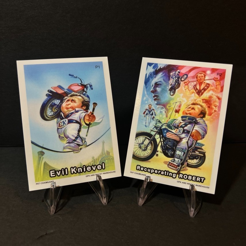 2025 GARBAGE PAIL KID GROSS CARD CON 2 CARD PROMO SET EVIL KNIEVEL PAT CHAIMUANG