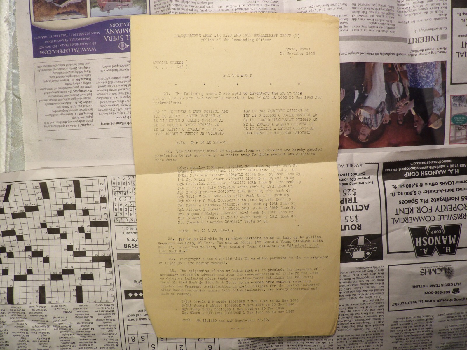1943 Headquarters Army Air Base & 19th Bombardment Group Special Orders Pyote TX