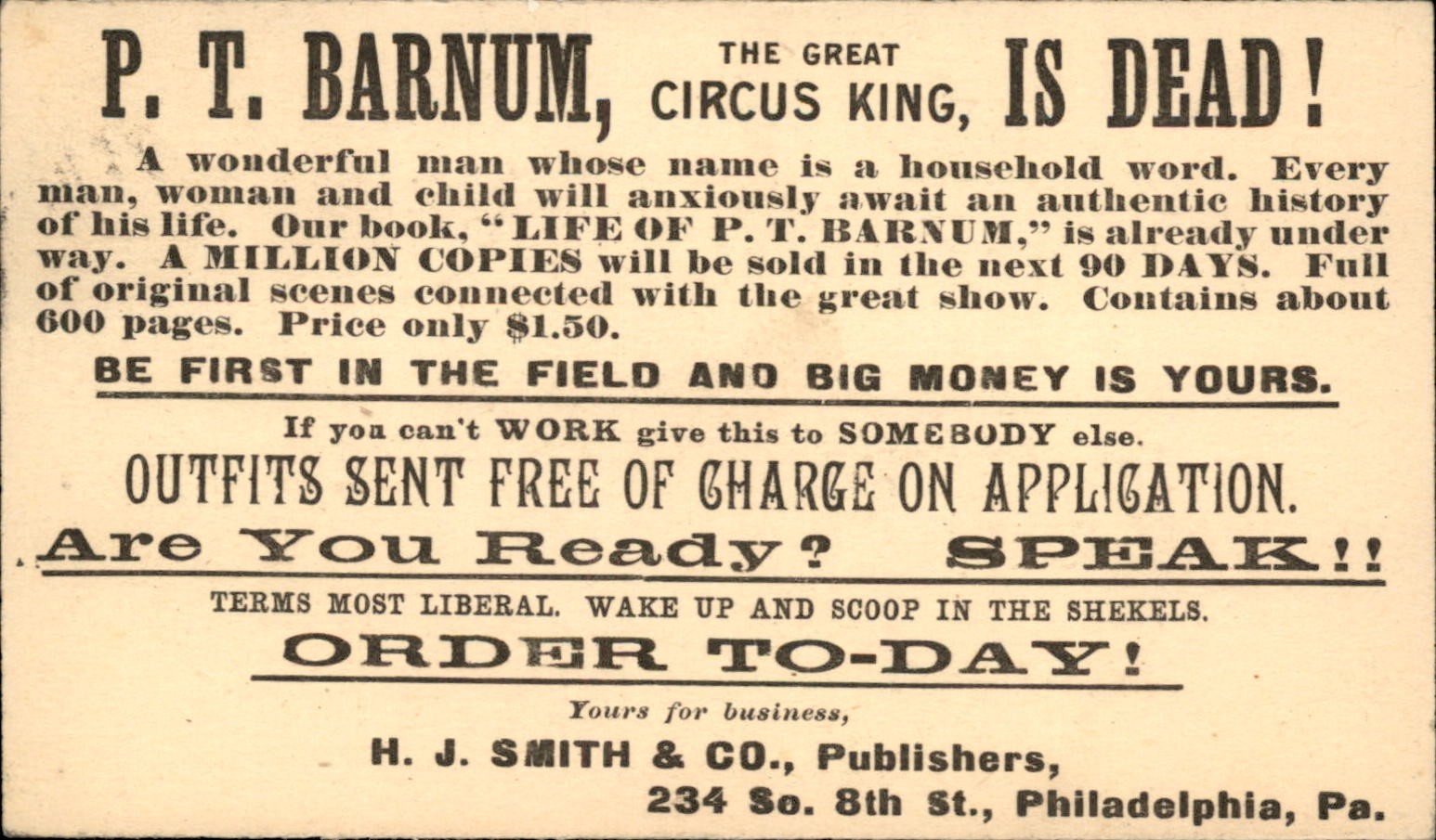 Circus King P. T. Barnum is Dead book advertisement c1910s Postal Card bhn