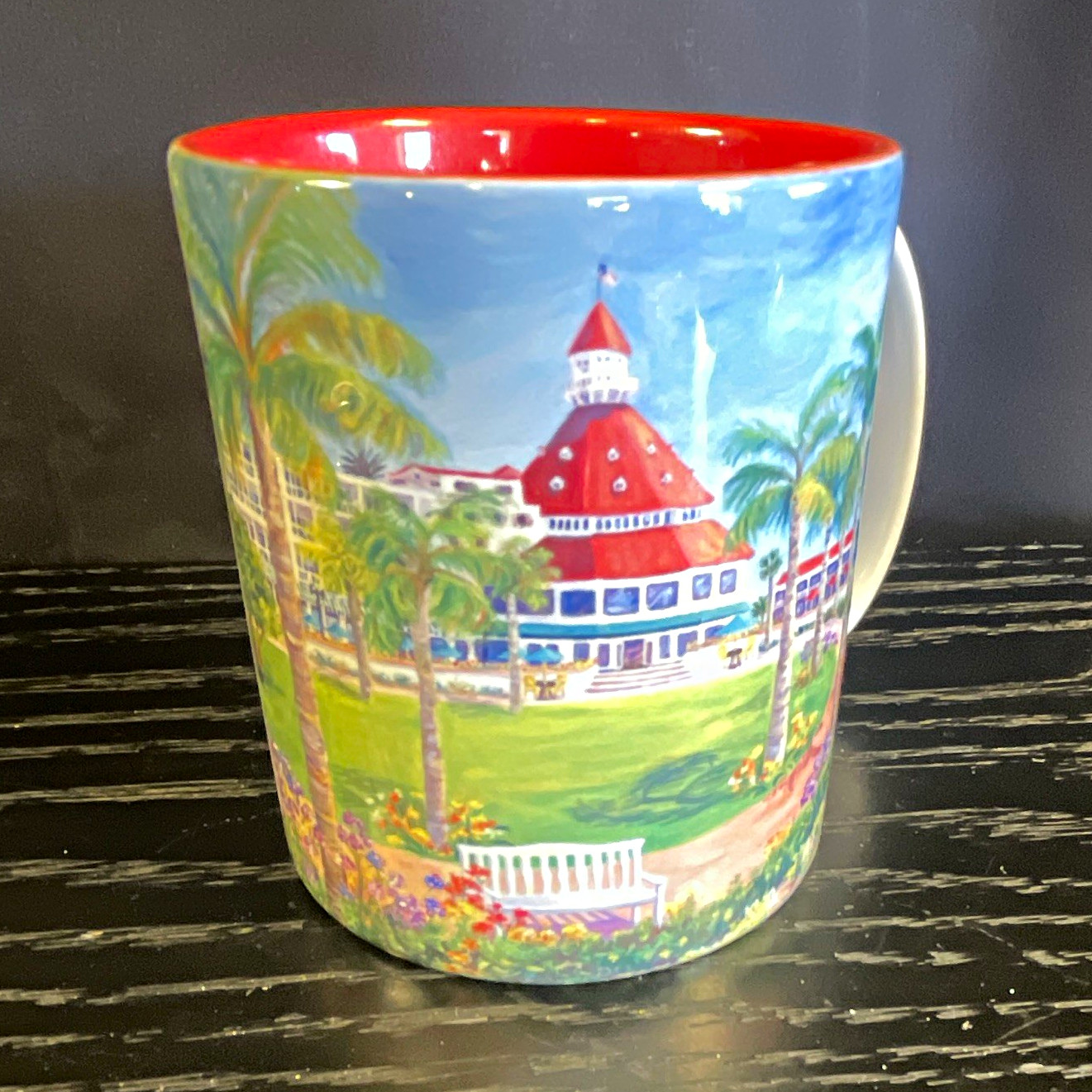 Hotel del Coronado Souvenir Coffee Mug White w/ Red Interior Scenic Wraparound