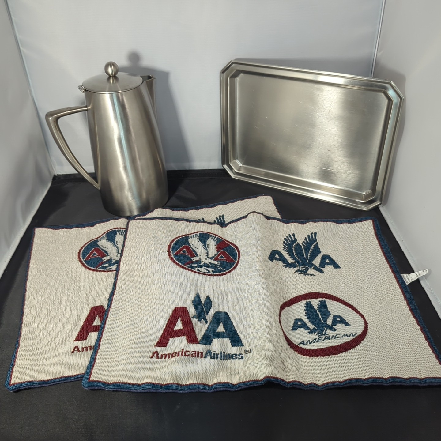 Vintage Wessco Stainless Steel AMERICAN AIRLINES Coffee Pot, Tray & Placemats 