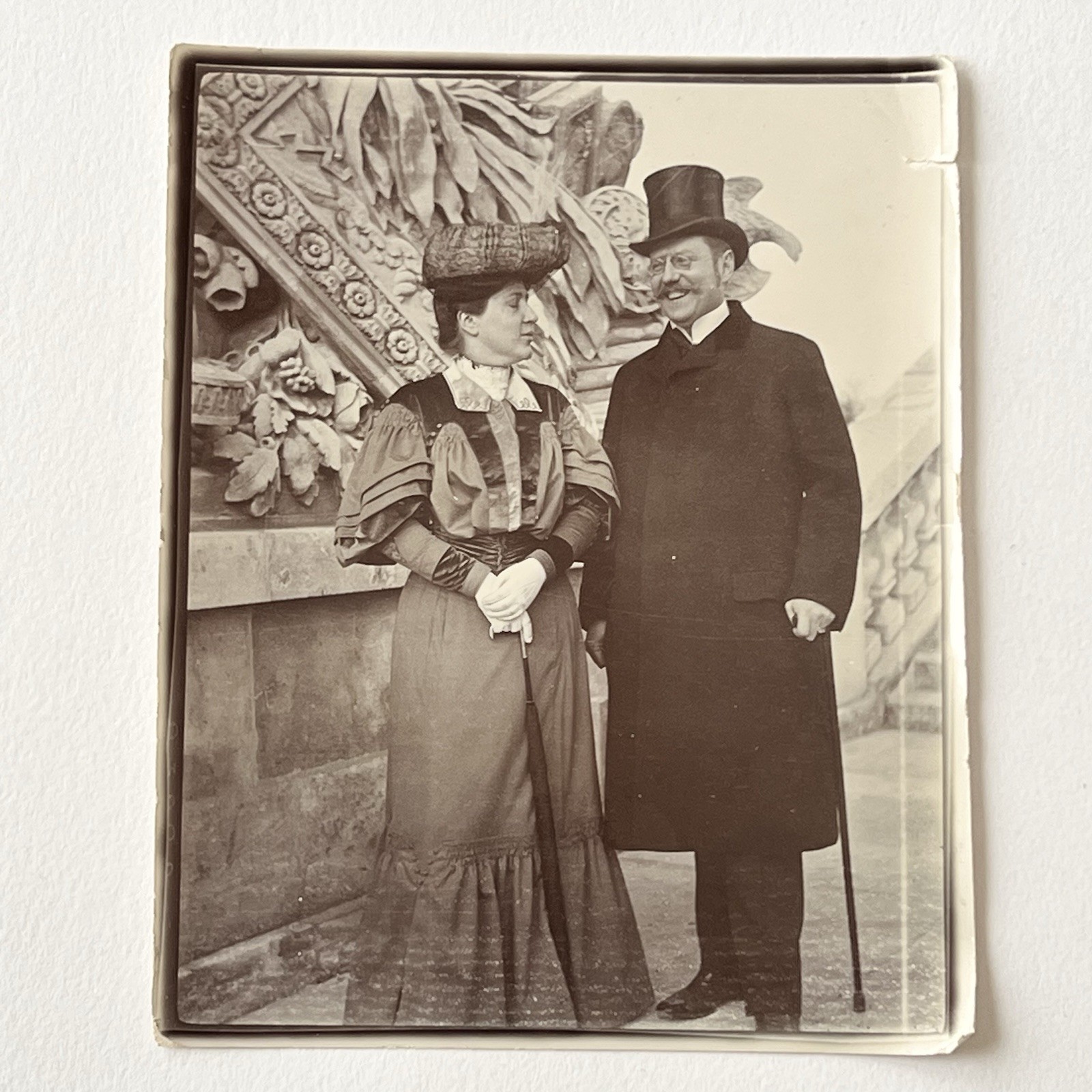 Antique B&W Snapshot Photograph Woman Man Sweet Couple Top Hat Fancy Dress