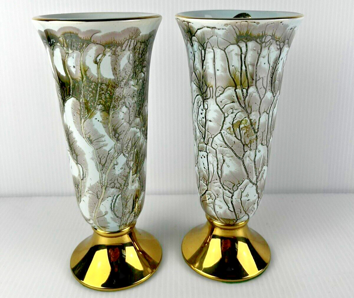 2 VTG Delft Holland Hollywood Regency Blue & Gold Marbled Ceramic Brass Vase