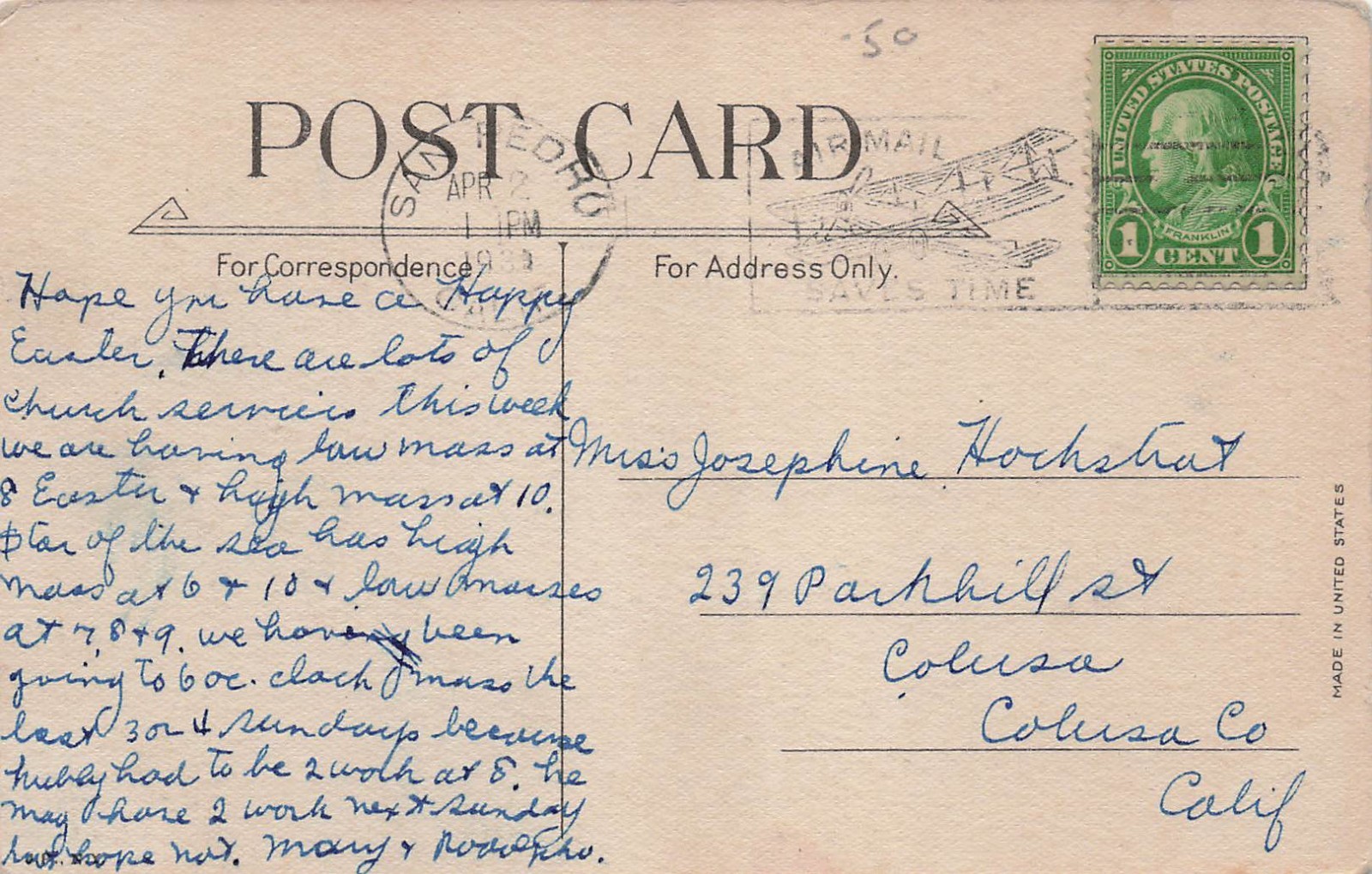 San Pedro Los Angeles DPO to Colusa California Cover Airmail Stamp Postcard I6