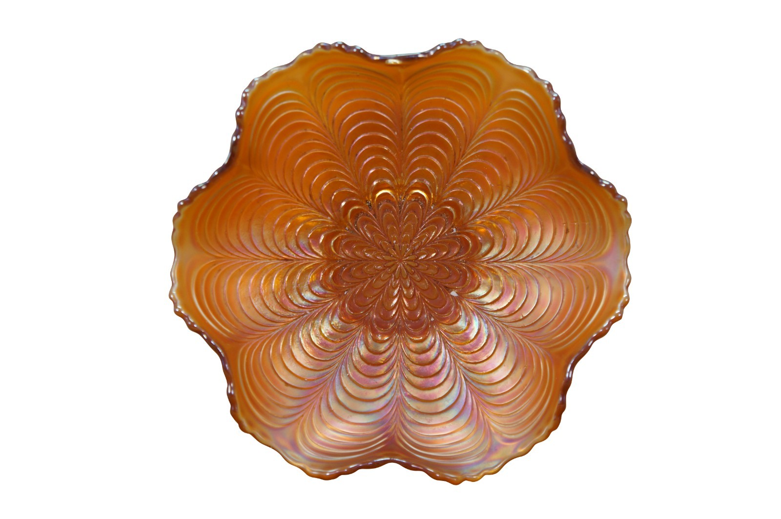 Antique Fenton Peacock Tail Carnival Depression Glass Marigold Compote Bowl