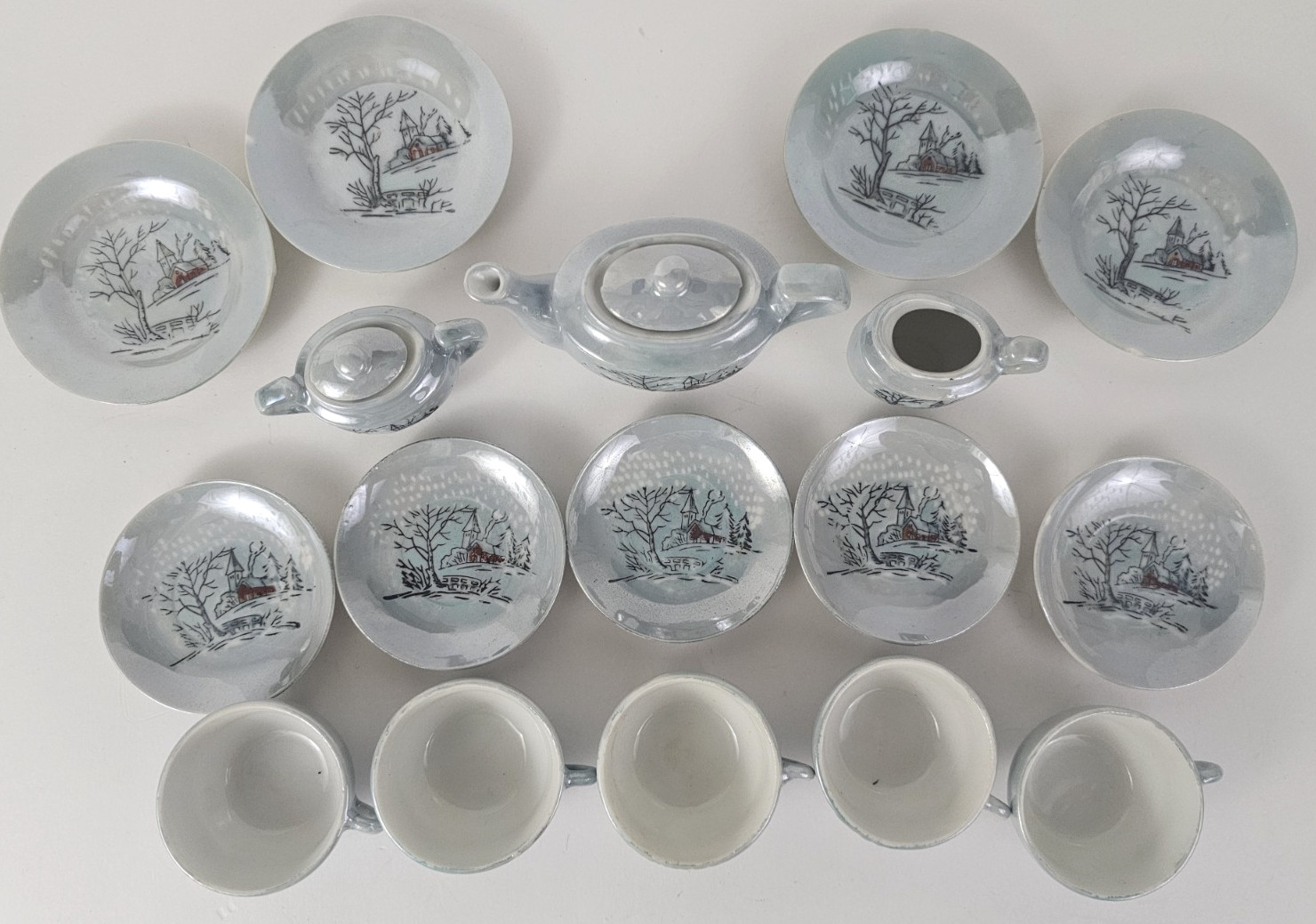 Vintage 19PC Mini Tea Set Lusterware Japan Winter Scene Blue Grey Childs Set