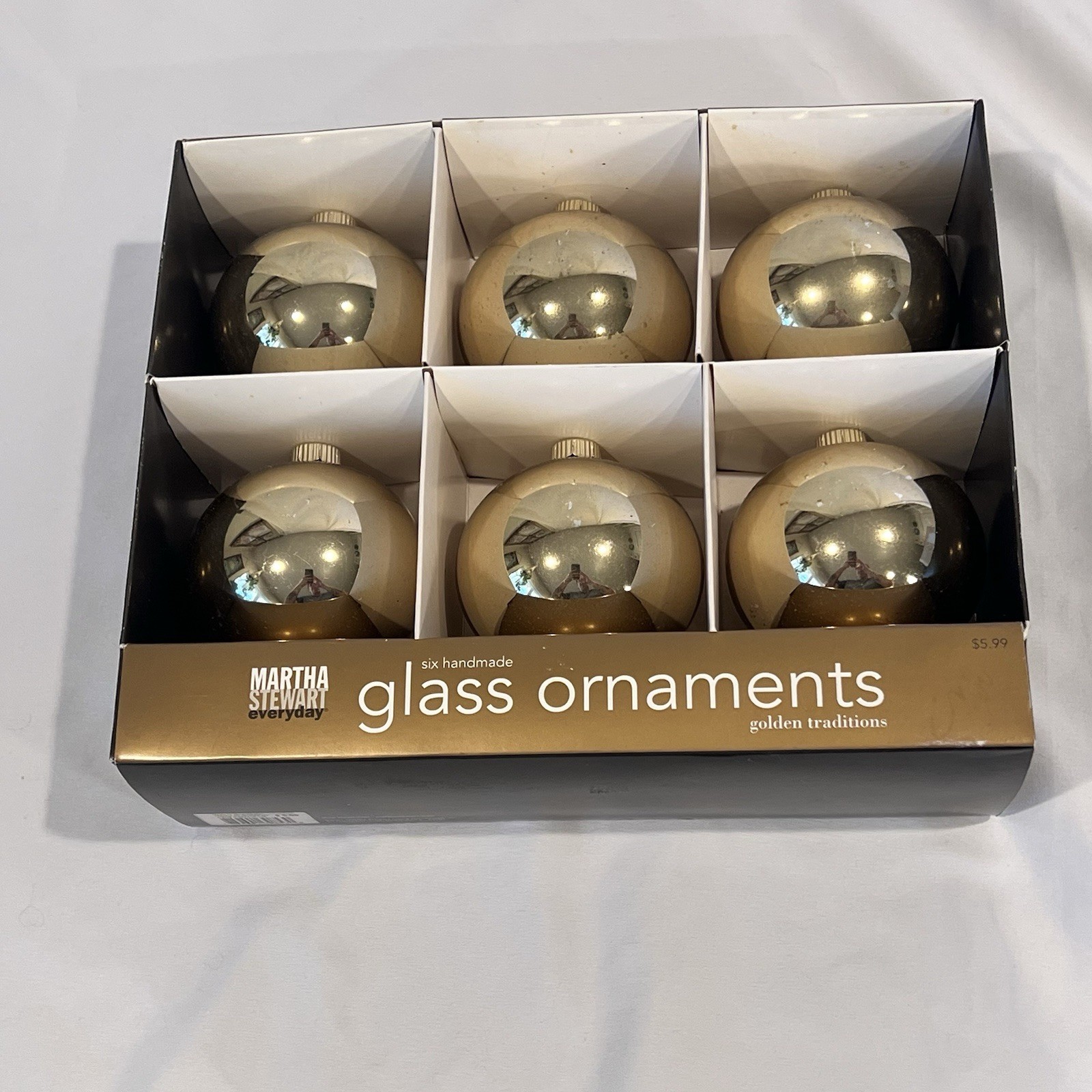 Martha Stewart Golden Traditions Gold Glass Christmas Ornaments Set of 6 2007