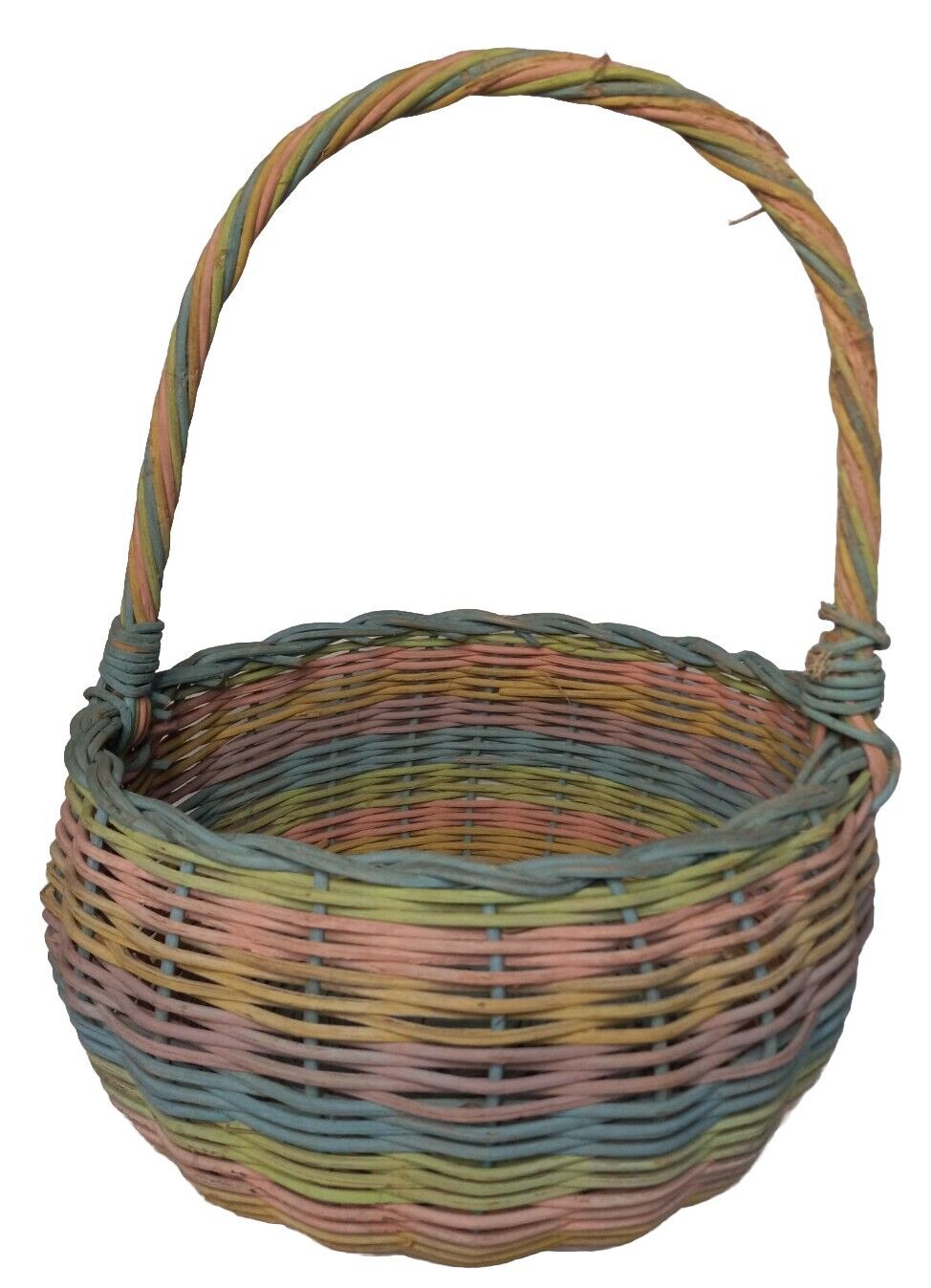 Vintage Pastel Multi-Color Basket Wicker Rattan Woven Round