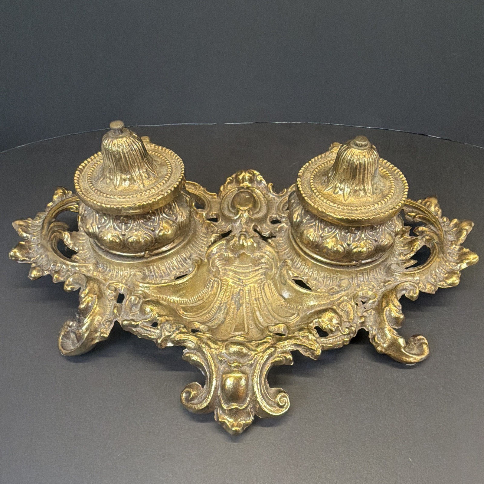 Vintage Victorian Bratt & Sons Ornate Dual Inkwell w/ Inserts Desk Set, 12.5”