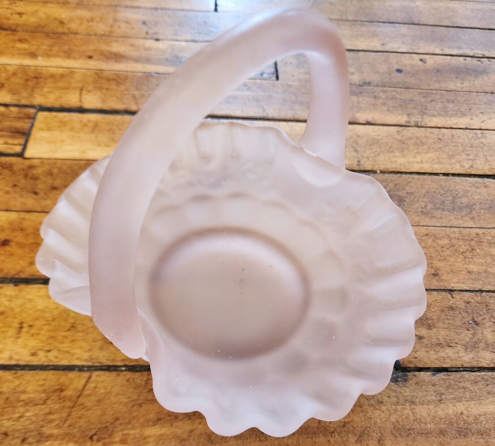 Unmarked Fenton Satin Glass Pink Ruffled Glass Basket 5 Inch Tall