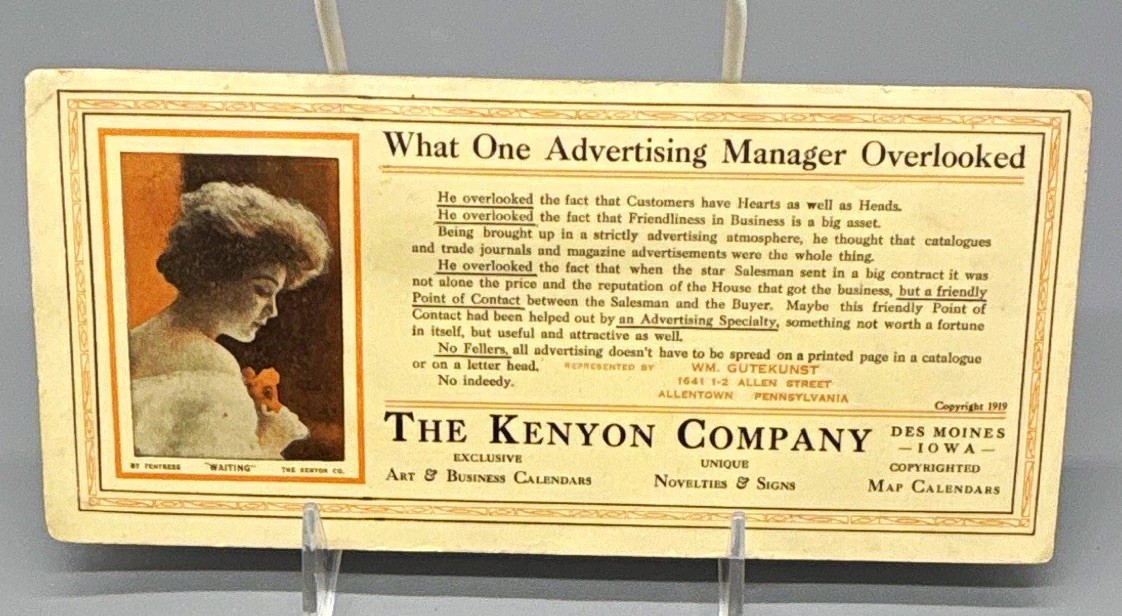 Vintage Kenyon Company Des Moines Iowa Advertising Ink Blotter Antique Ephemera
