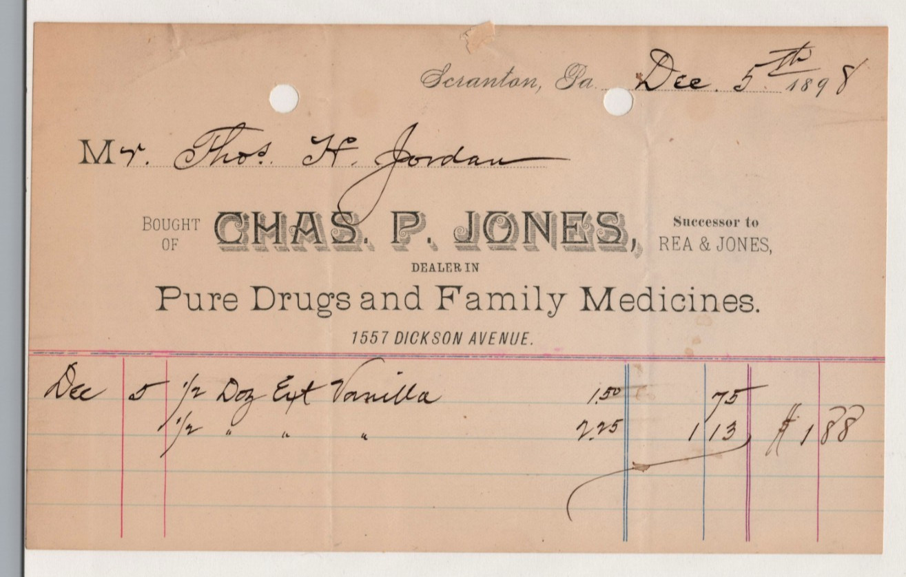 1898 Vintage Pharmacy Invoice Chas P Jones Pure Drugs Family Medicines Scranton