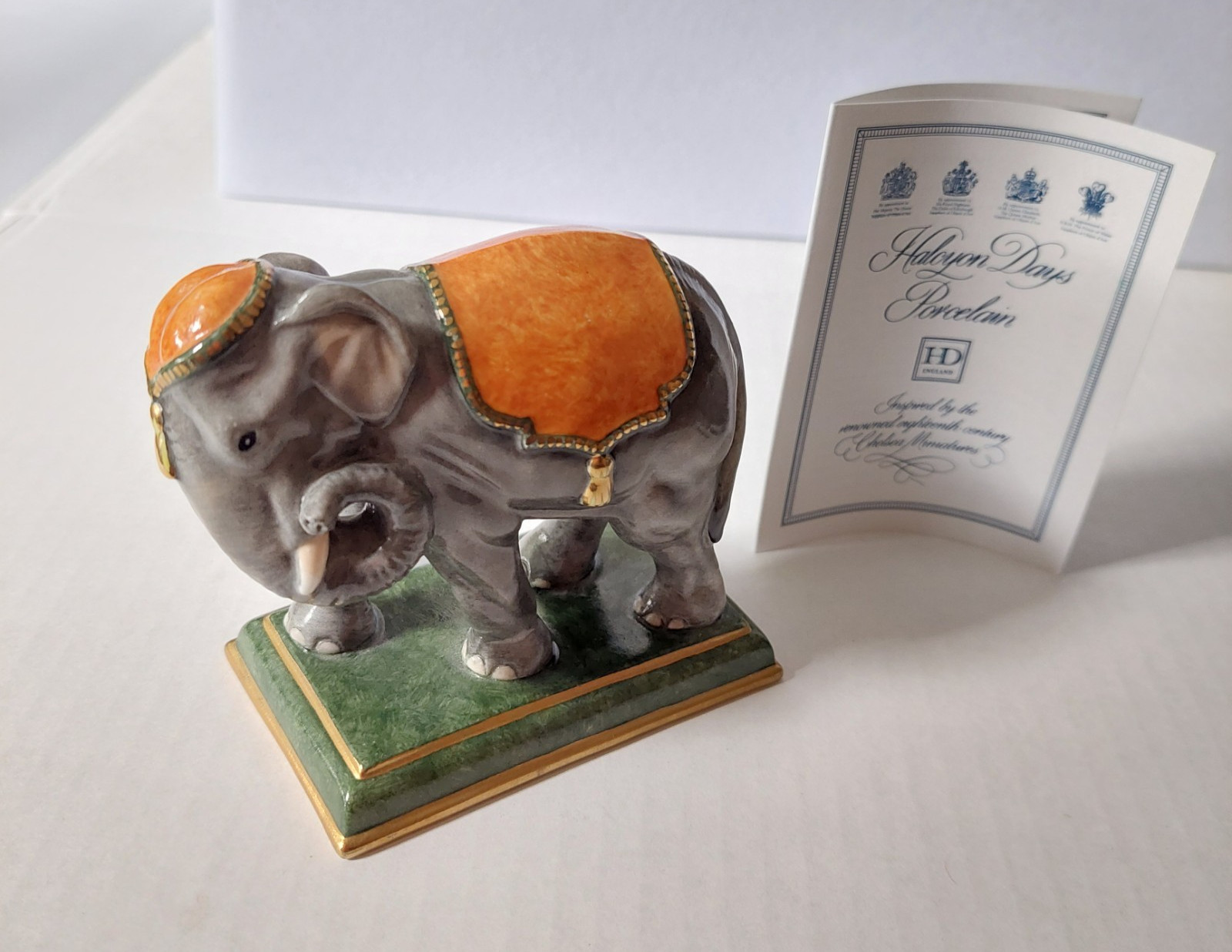 Rare Halcyon Days Porcelain Indian Elephant Figurine England Original Box MINT Rare Halcyon Days Porcelain Indian Elephant Figurine England Original Box MINT
