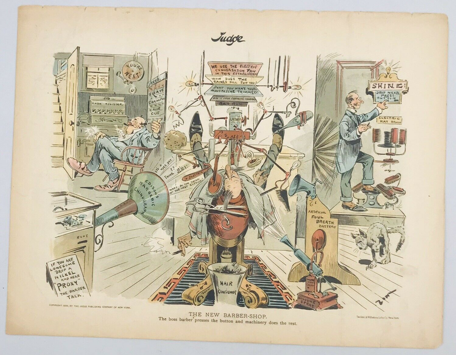 Antique 1896 Judge Magazine New Barbershop Political Machine Satire Lithograph
