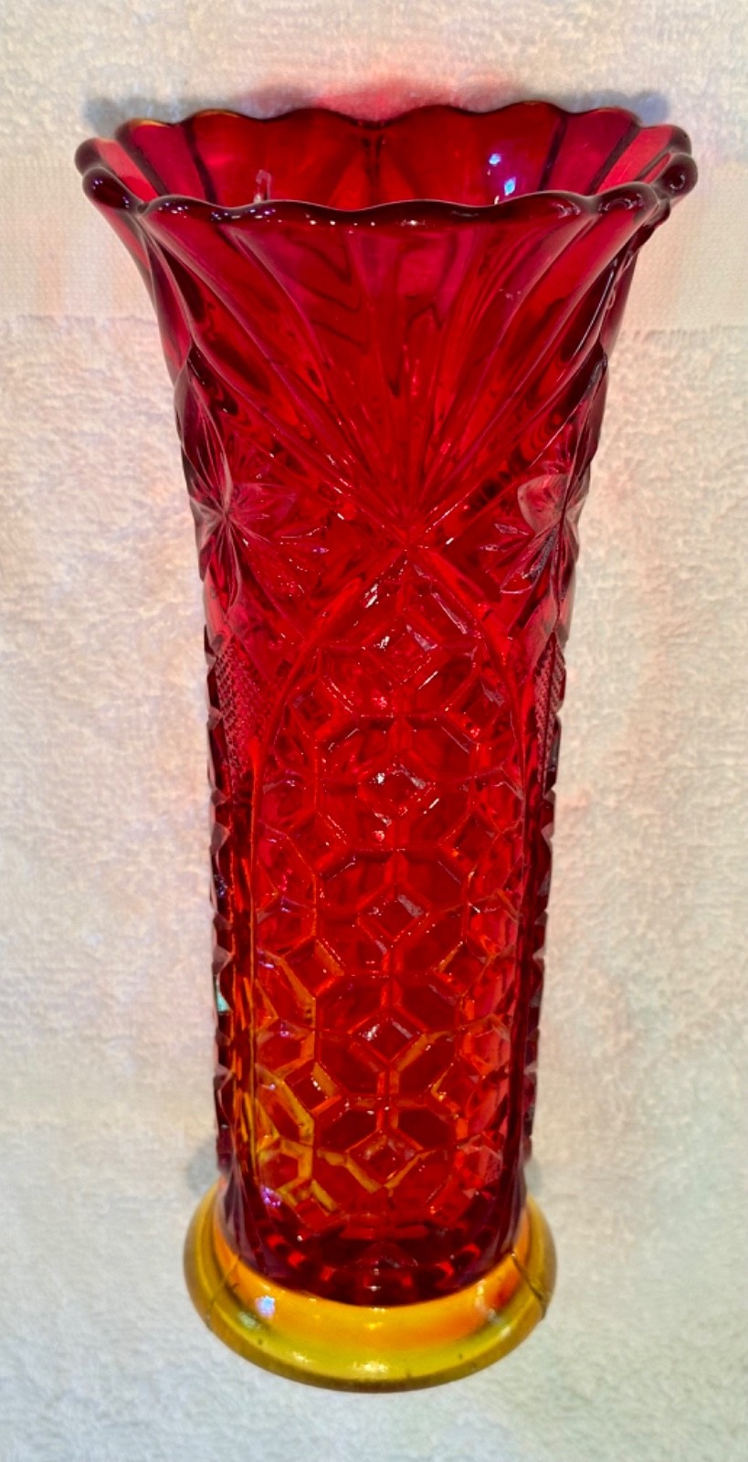Vintage Mosser Amberina Pressed Diamond Classic Glass  Vase 9.5\