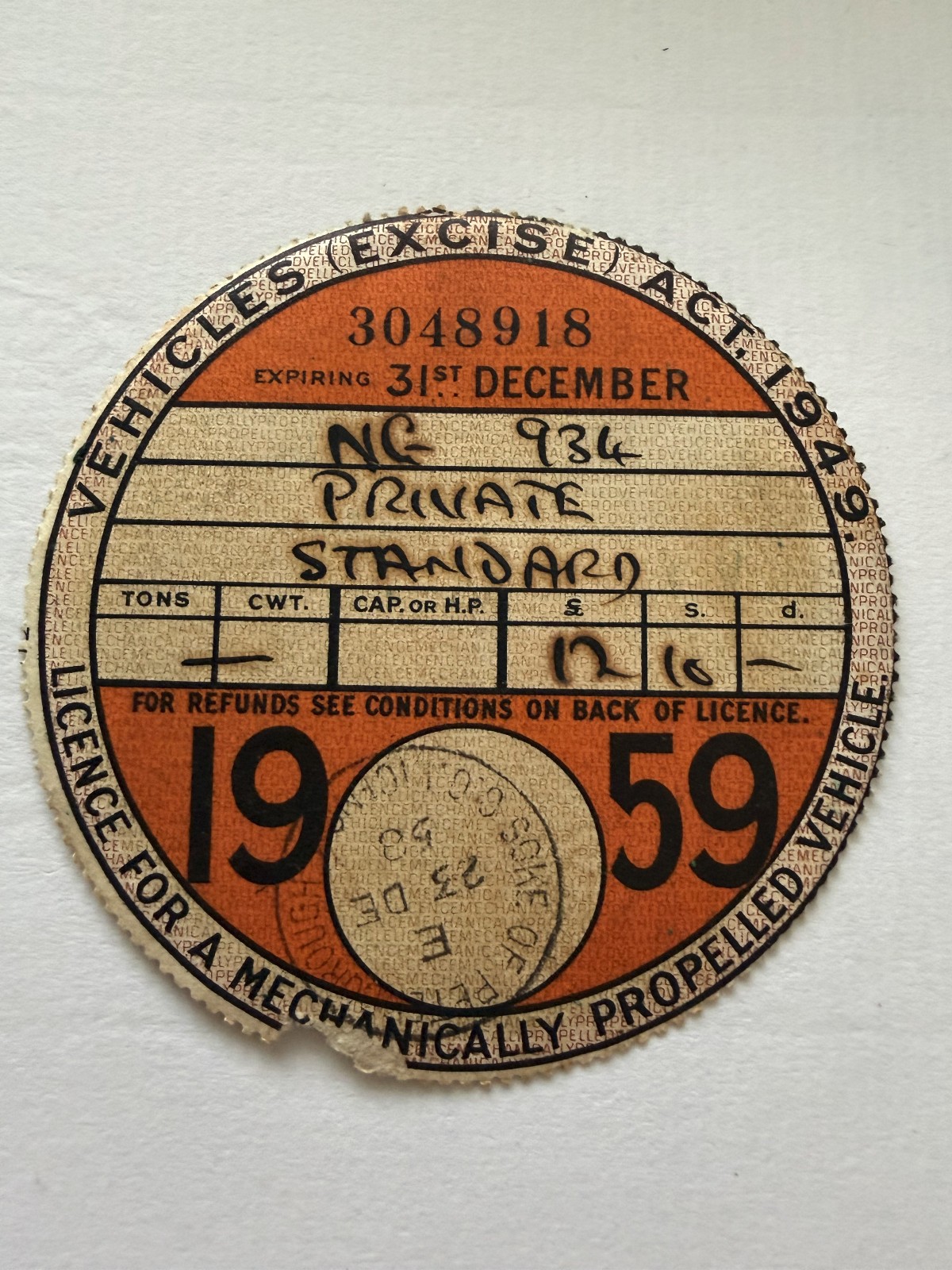 Vintage 1959 Vehile Tax Disc - Orginal NOT a reproduction Vintage 1959 Vehile Tax Disc - Orginal NOT a reproduction
