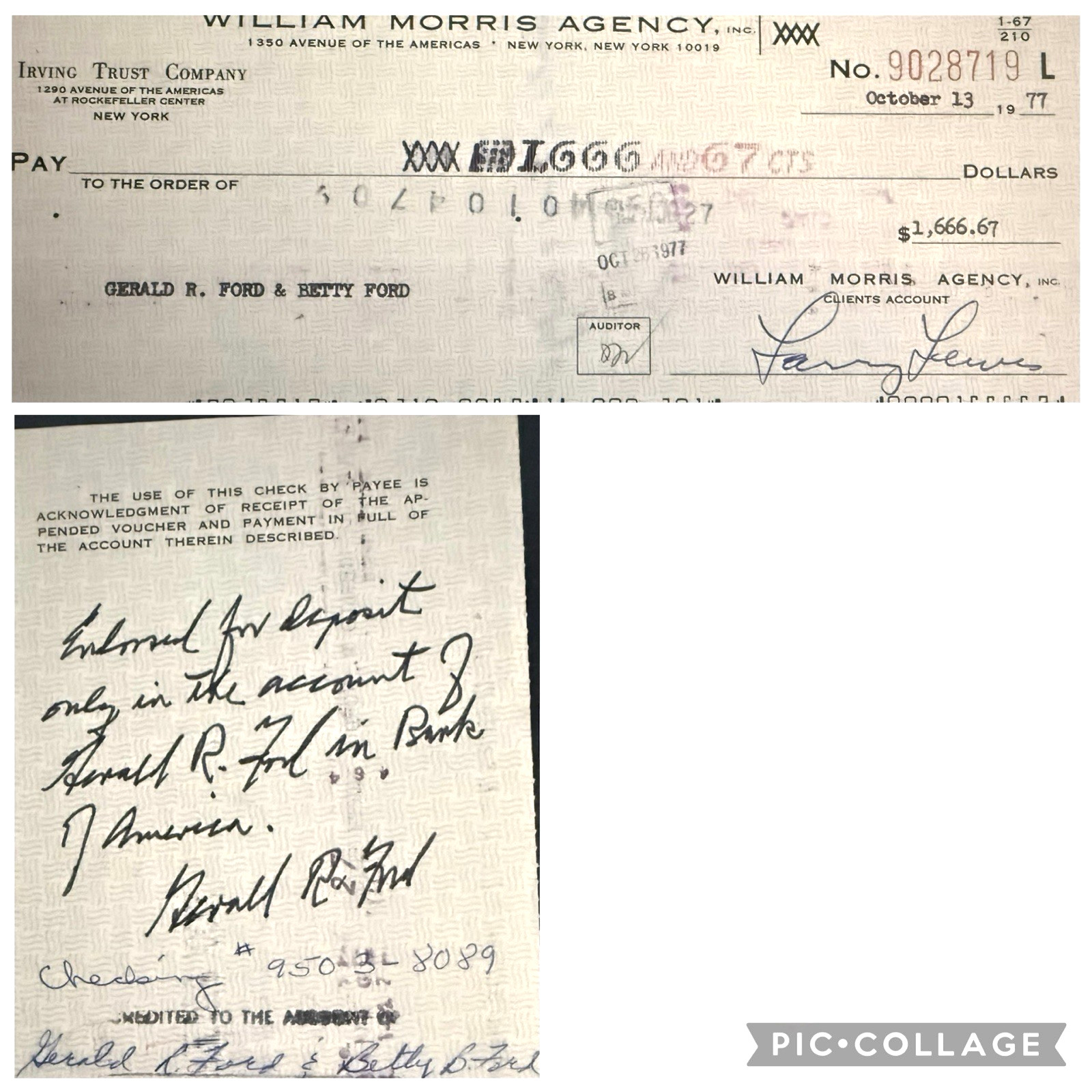 GERALD FORD 2X SIGNED & INSCRIBED RARE ORIG. 1977 WM. MORRIS PAYCHECK W/COA GERALD FORD 2X SIGNED & INSCRIBED RARE ORIG. 1977 WM. MORRIS PAYCHECK W/COA